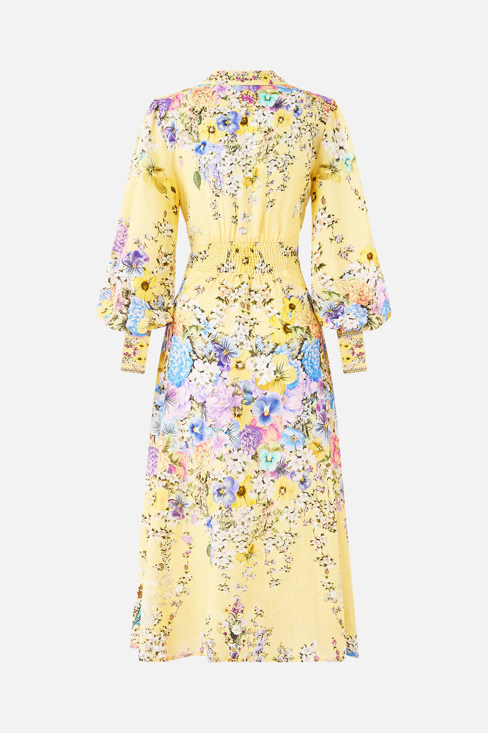 Darling Buds Waist Tie Linen Floral Shirt Maxi Dress in Yellow