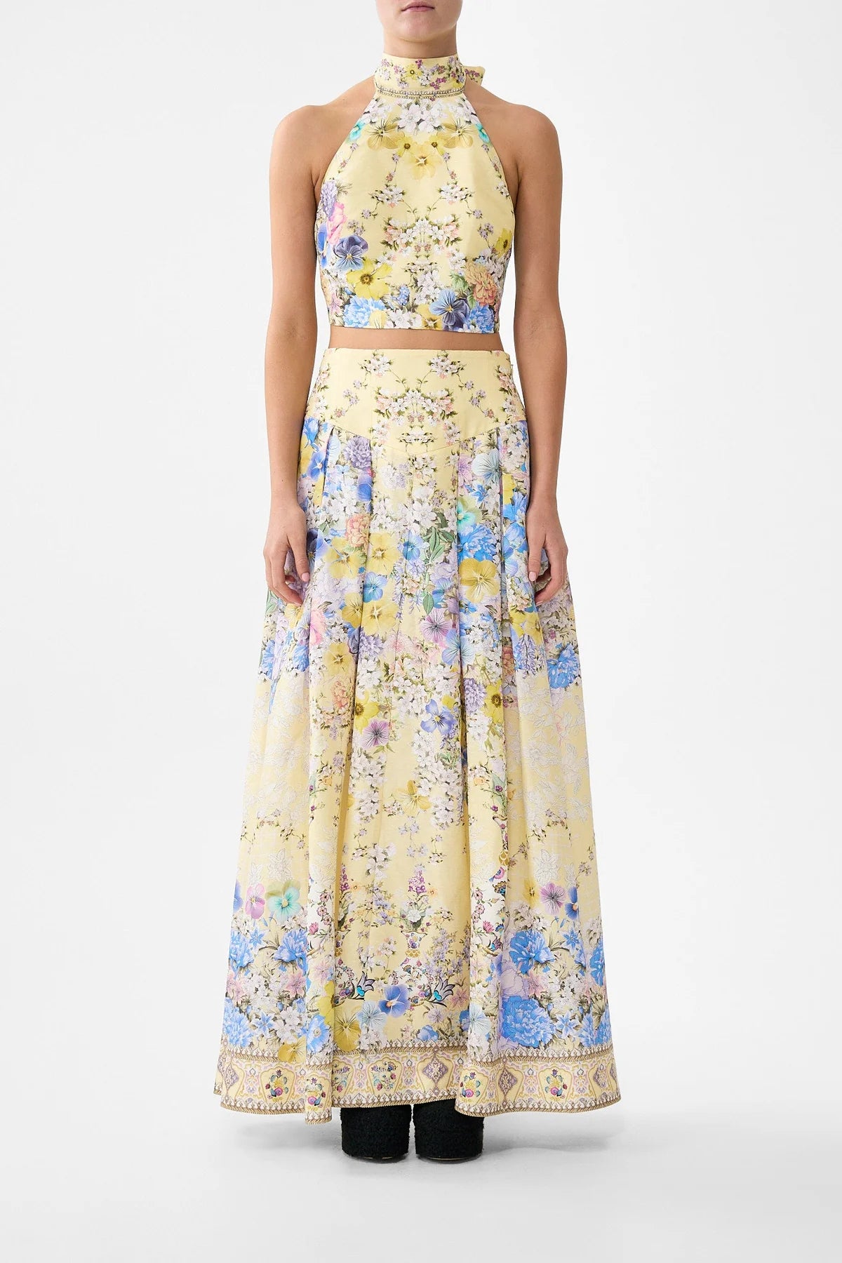 Darling Buds Corset Waist Floral Linen Silk Maxi Skirt in Yellow