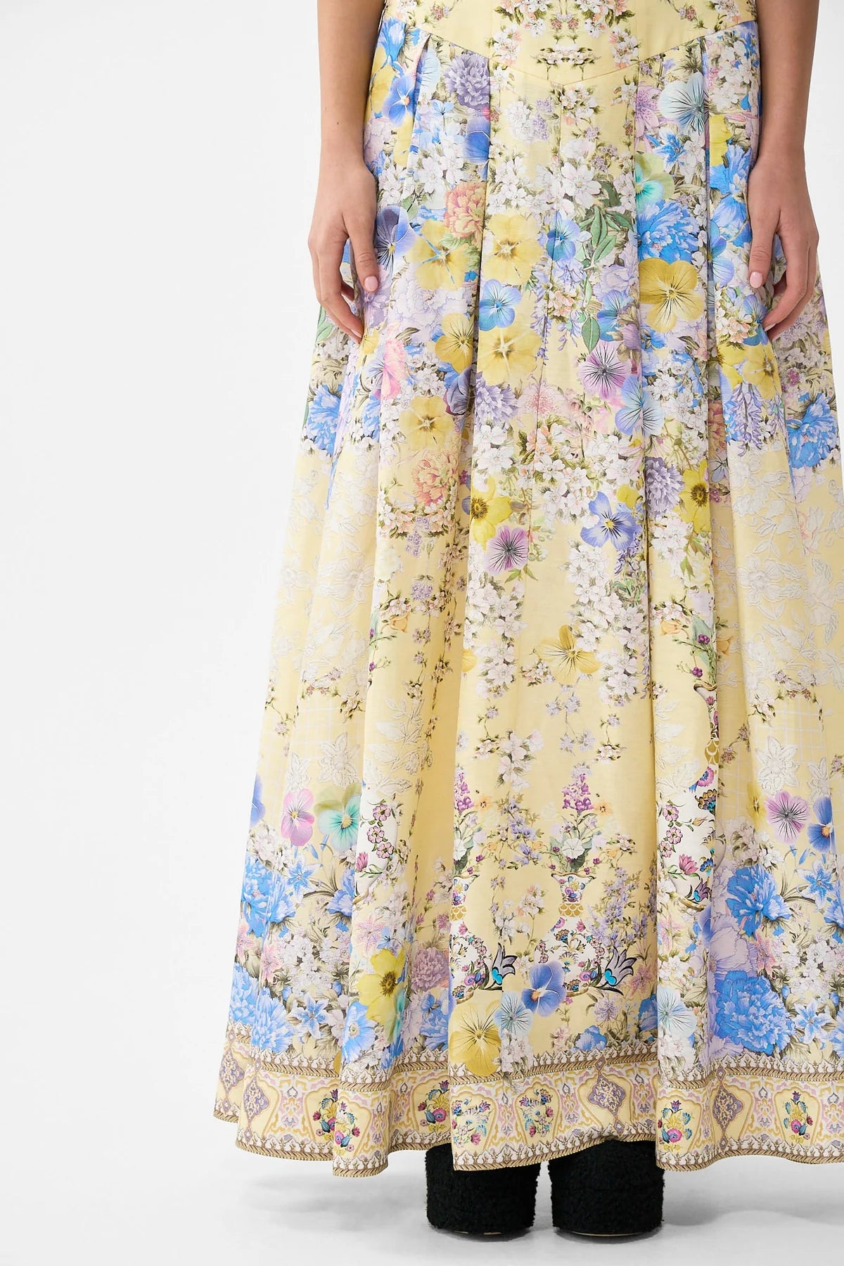 Darling Buds Corset Waist Floral Linen Silk Maxi Skirt in Yellow