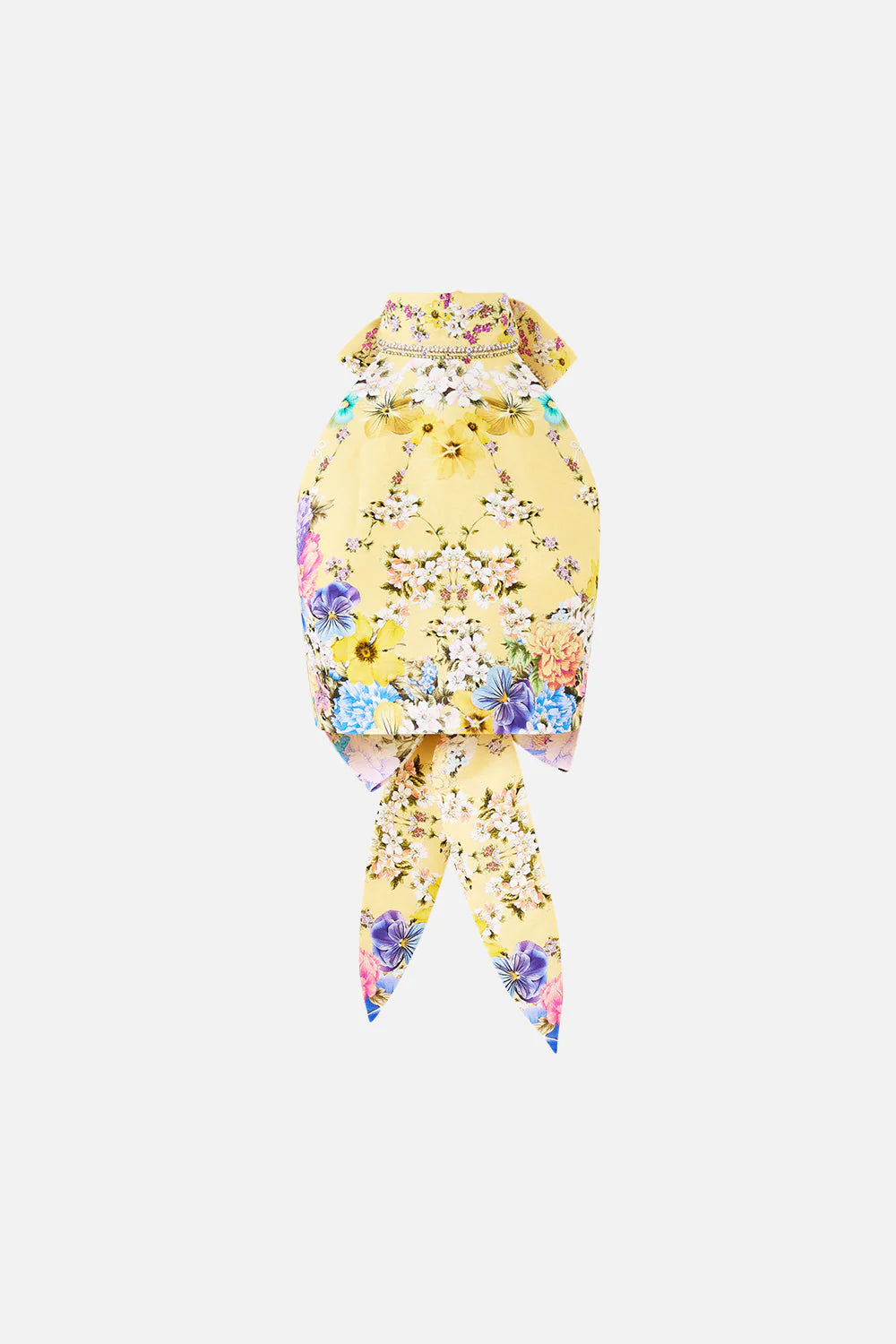 Darling Buds Sleeveless Floral Linen Silk Halter Tie Back Top in Yellow