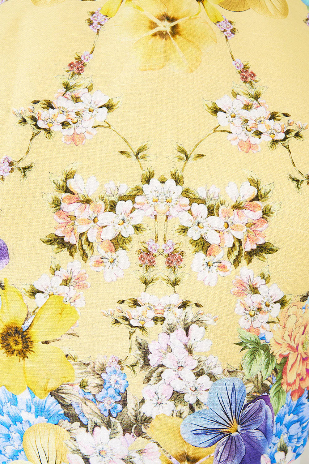 Darling Buds Sleeveless Floral Linen Silk Halter Tie Back Top in Yellow