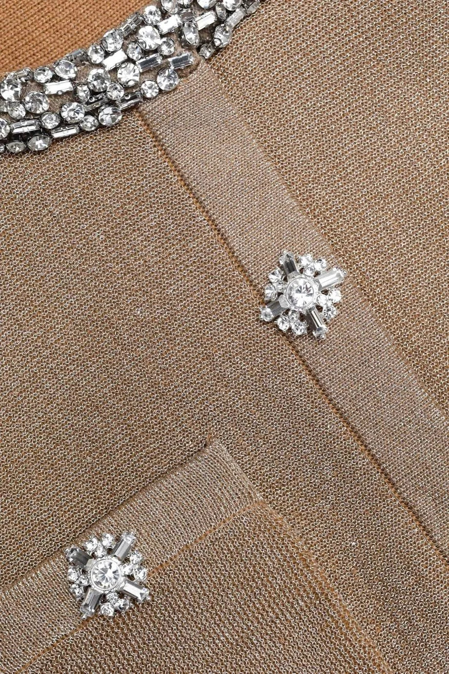 Collared Crystal Trim Knit Midi Dress in Gold