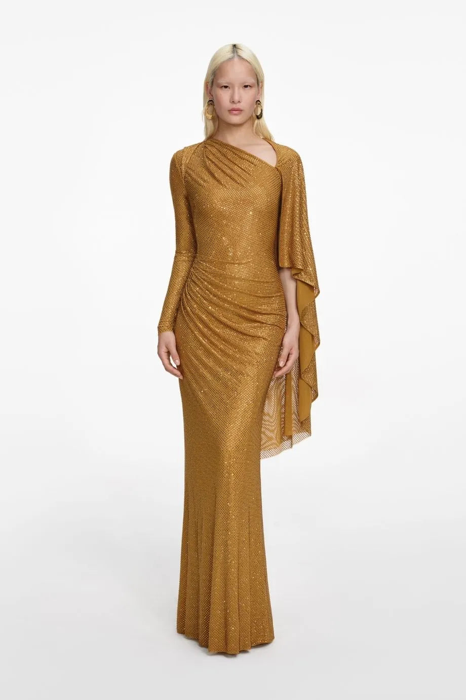 Rhinestone Drape Evening Dress in Gold