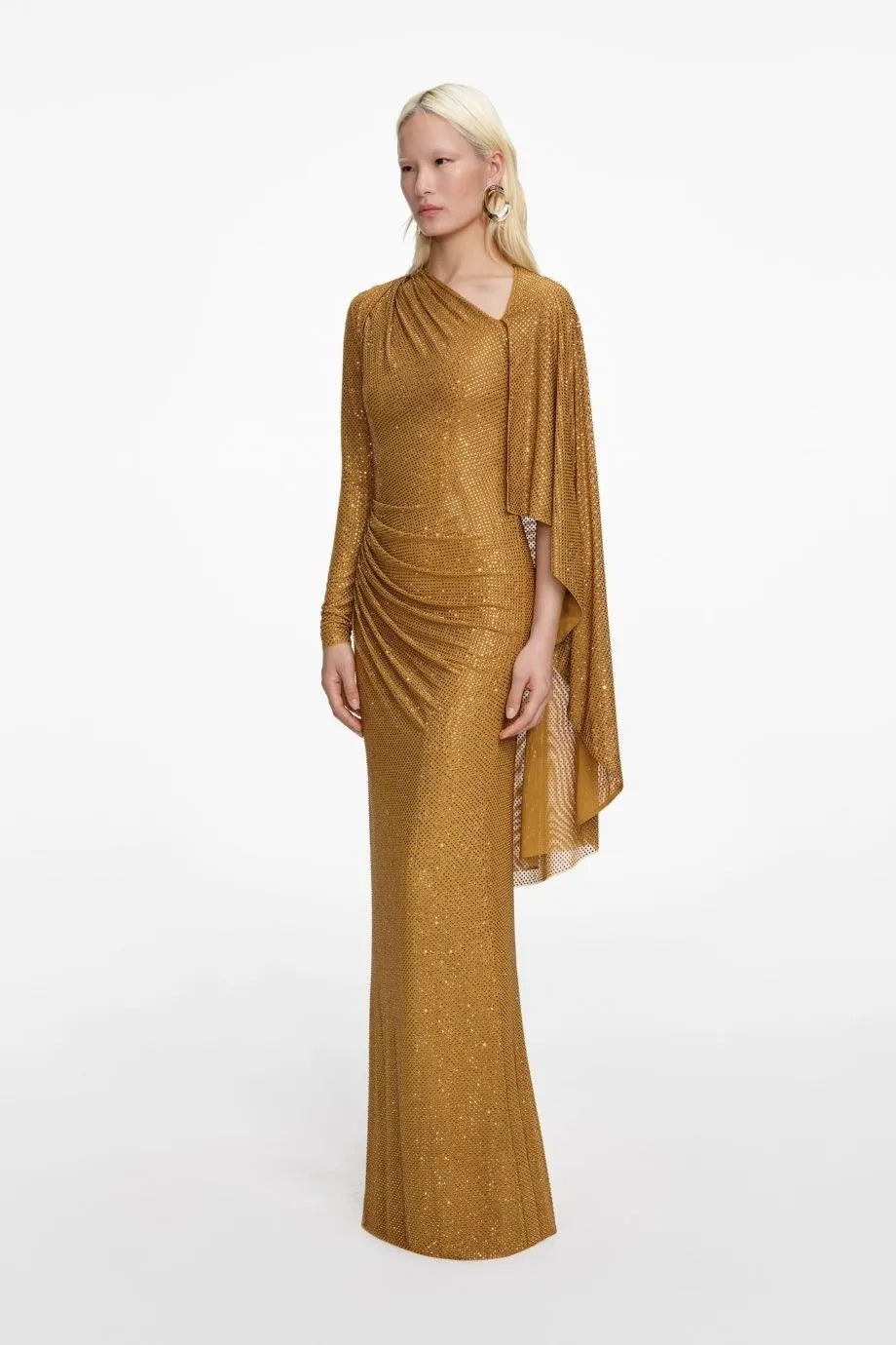 Rhinestone Drape Evening Dress in Gold