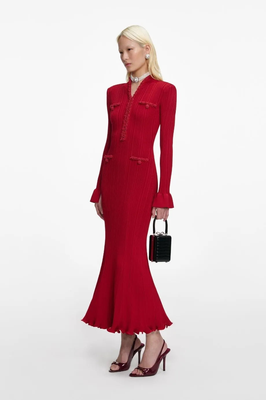 Pearl Trim Knit Midi Dress in Red