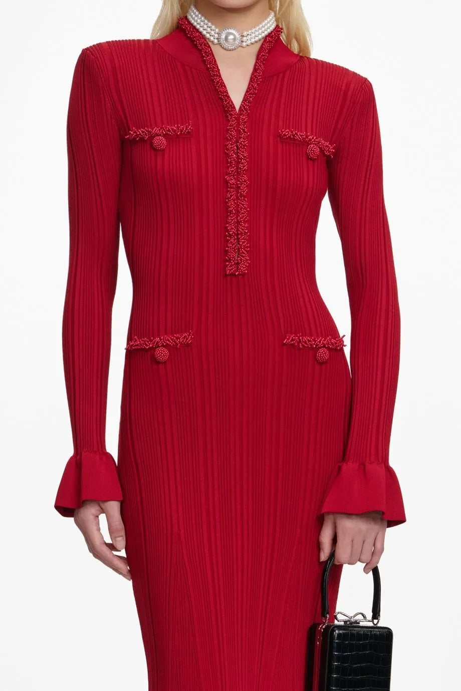 Pearl Trim Knit Midi Dress in Red