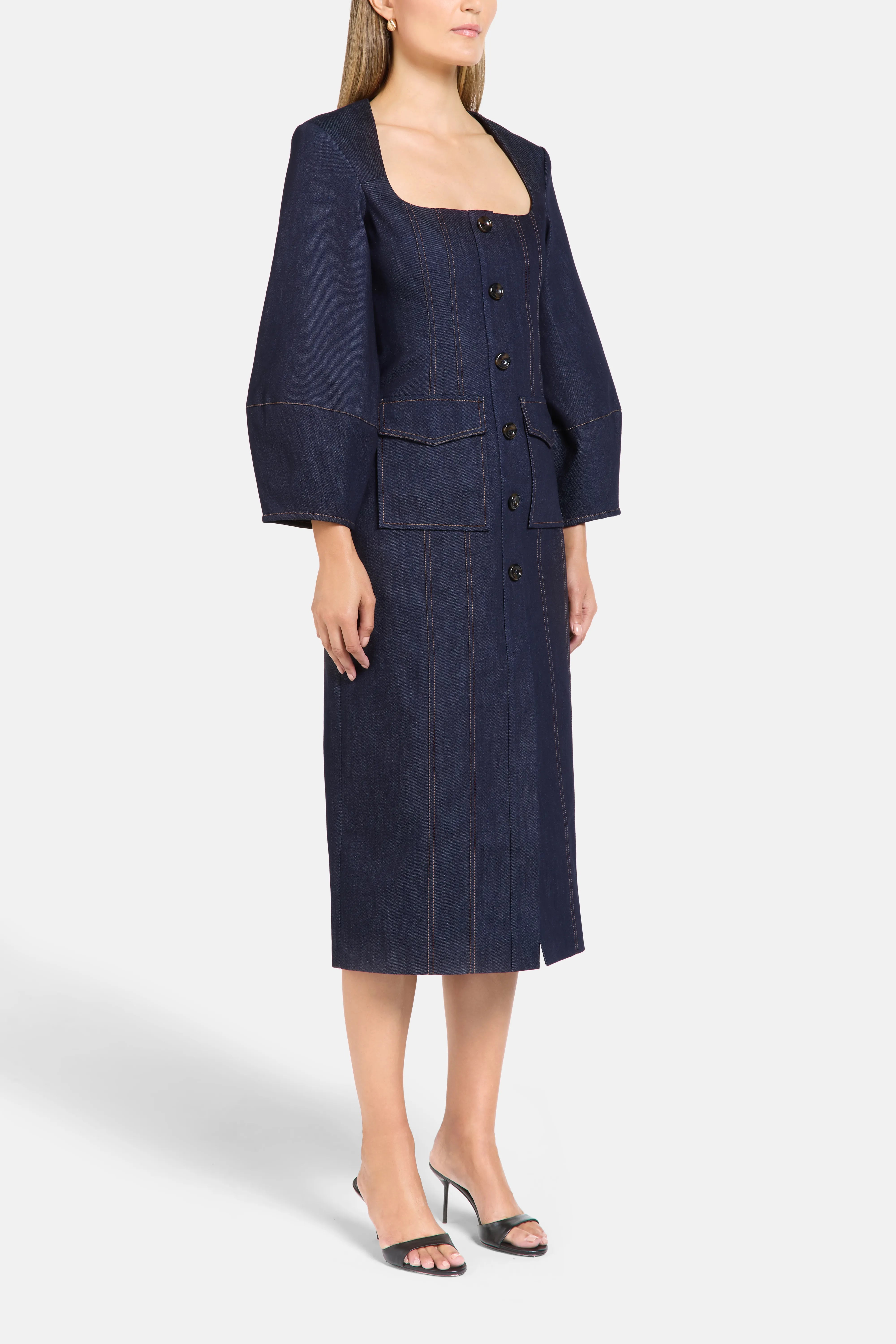 Norah Puff Sleeves Denim Cotton Midi Dress in Blue
