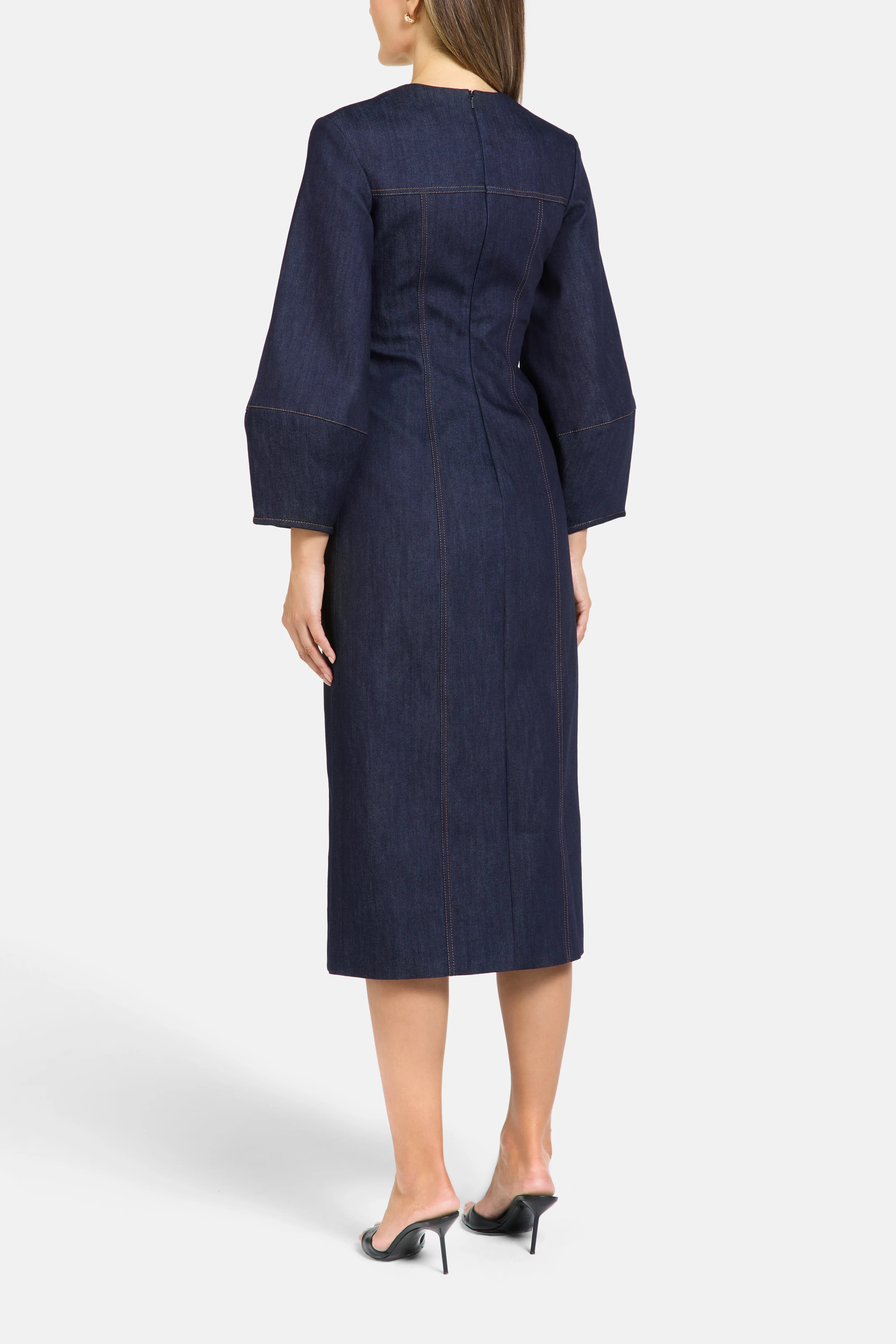 Norah Puff Sleeves Denim Cotton Midi Dress in Blue