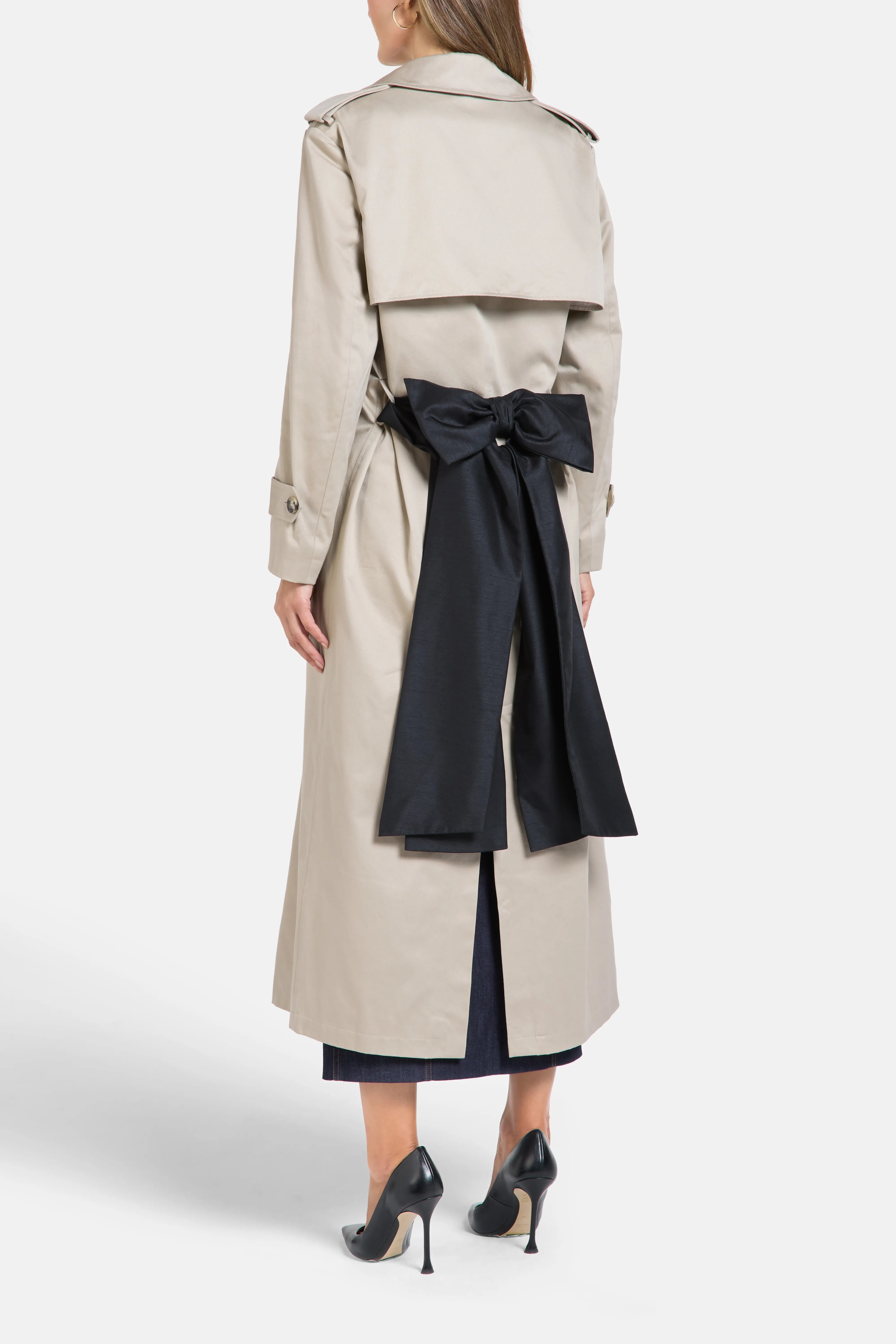 Madison Belted Bow Back Cotton Trench Coat in Beige and Black
