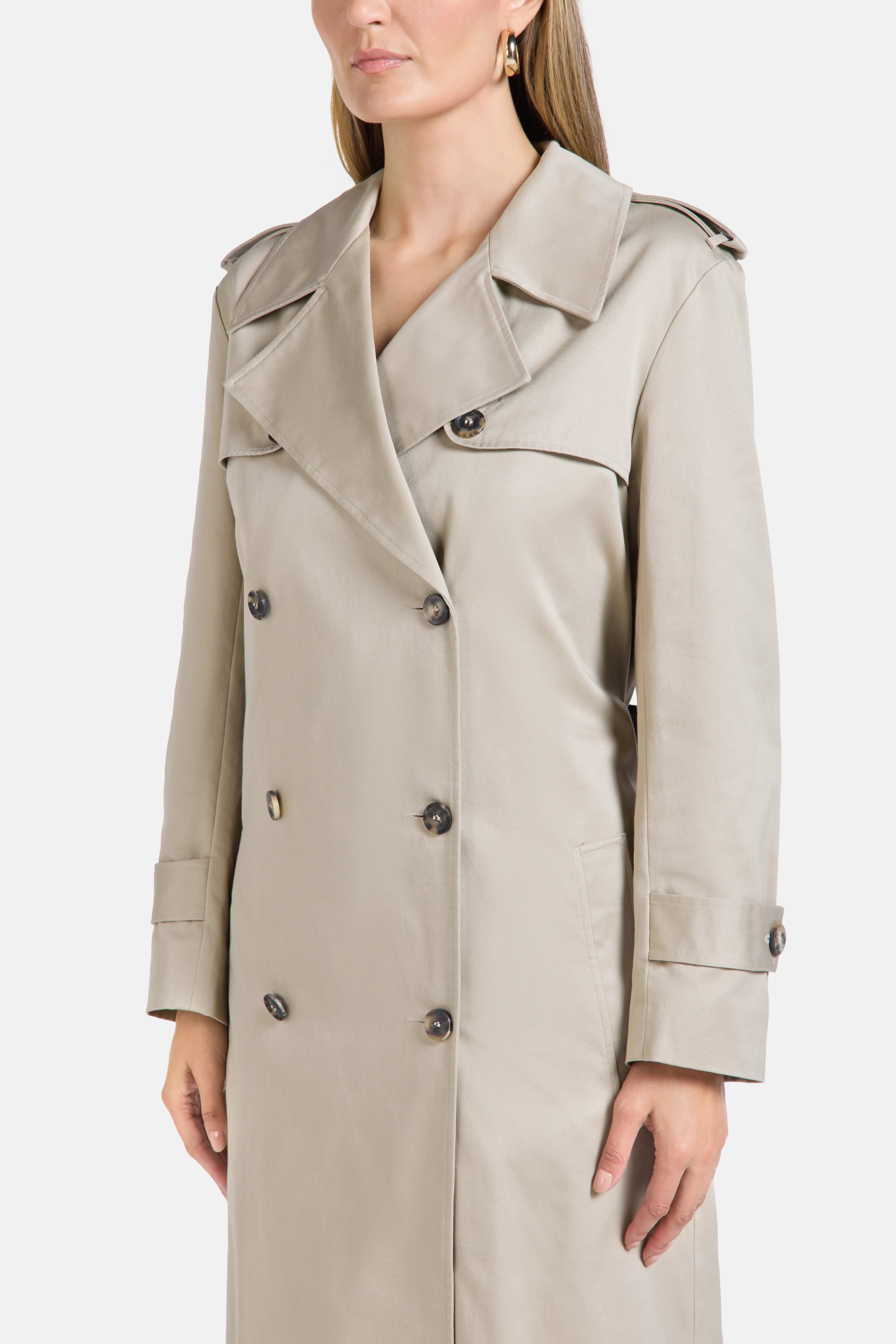 Madison Belted Bow Back Cotton Trench Coat in Beige and Black