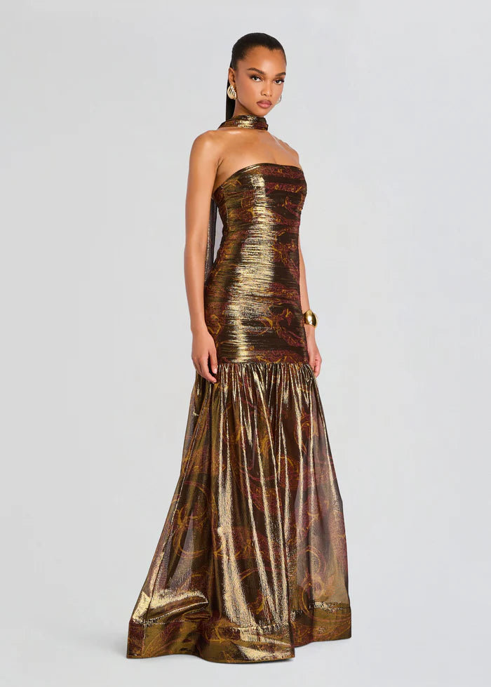 Syden Evening Dress in Gold With Scarf
