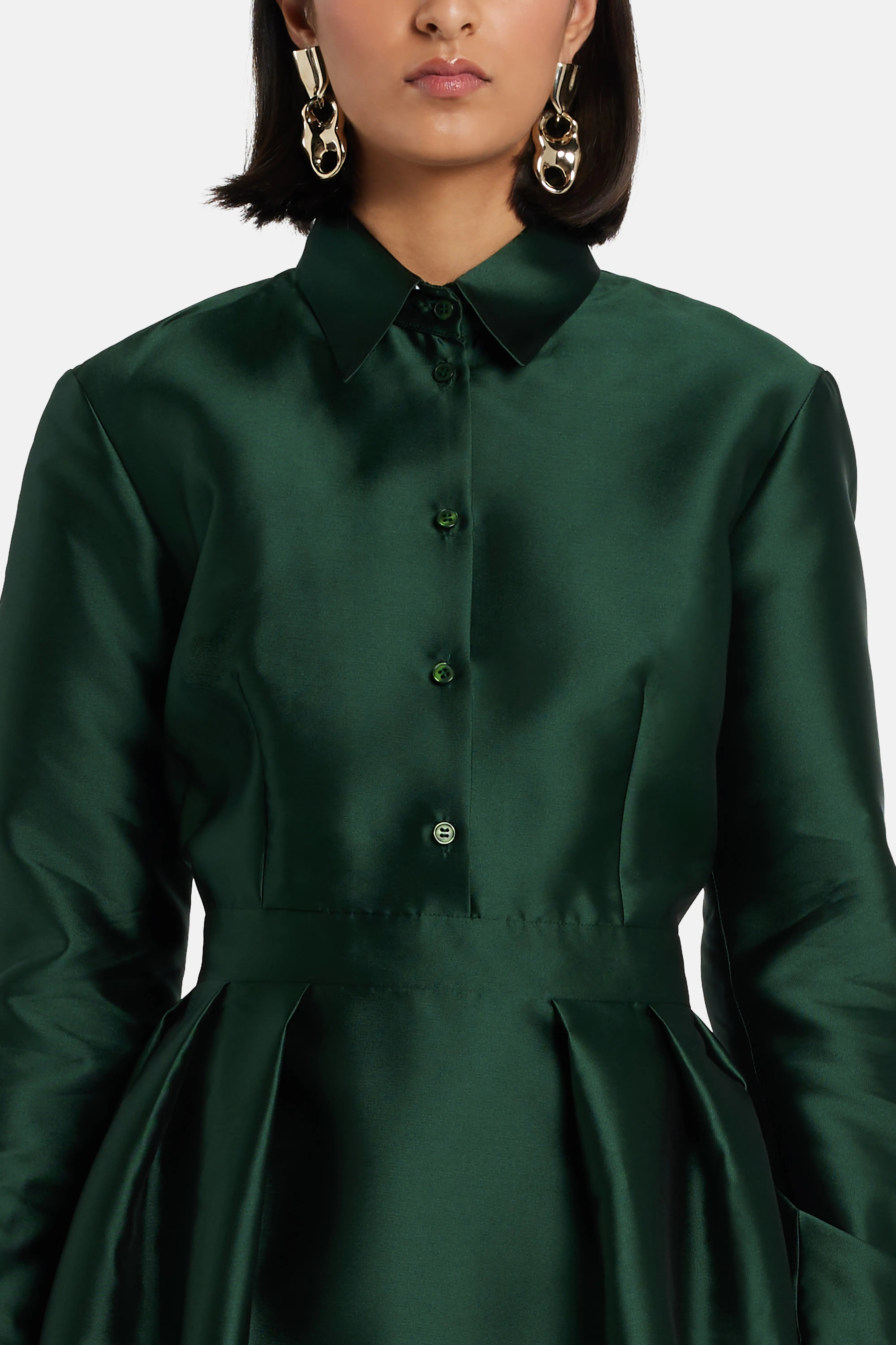 Trompe Loeil Shirt Evening Gown in Green with Button Placket