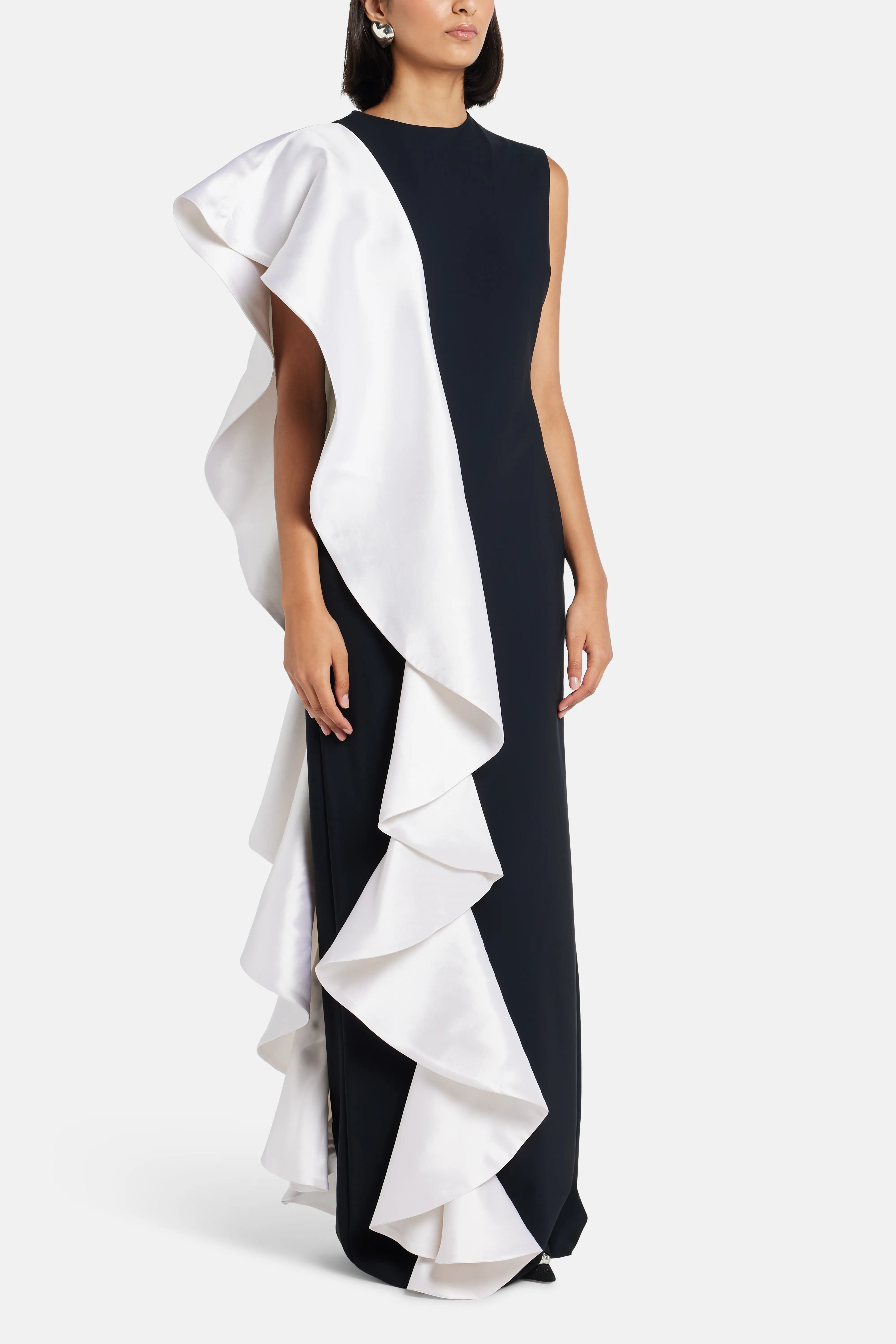 Ruffle Trim Sleeveless Evening Gown in Black and White