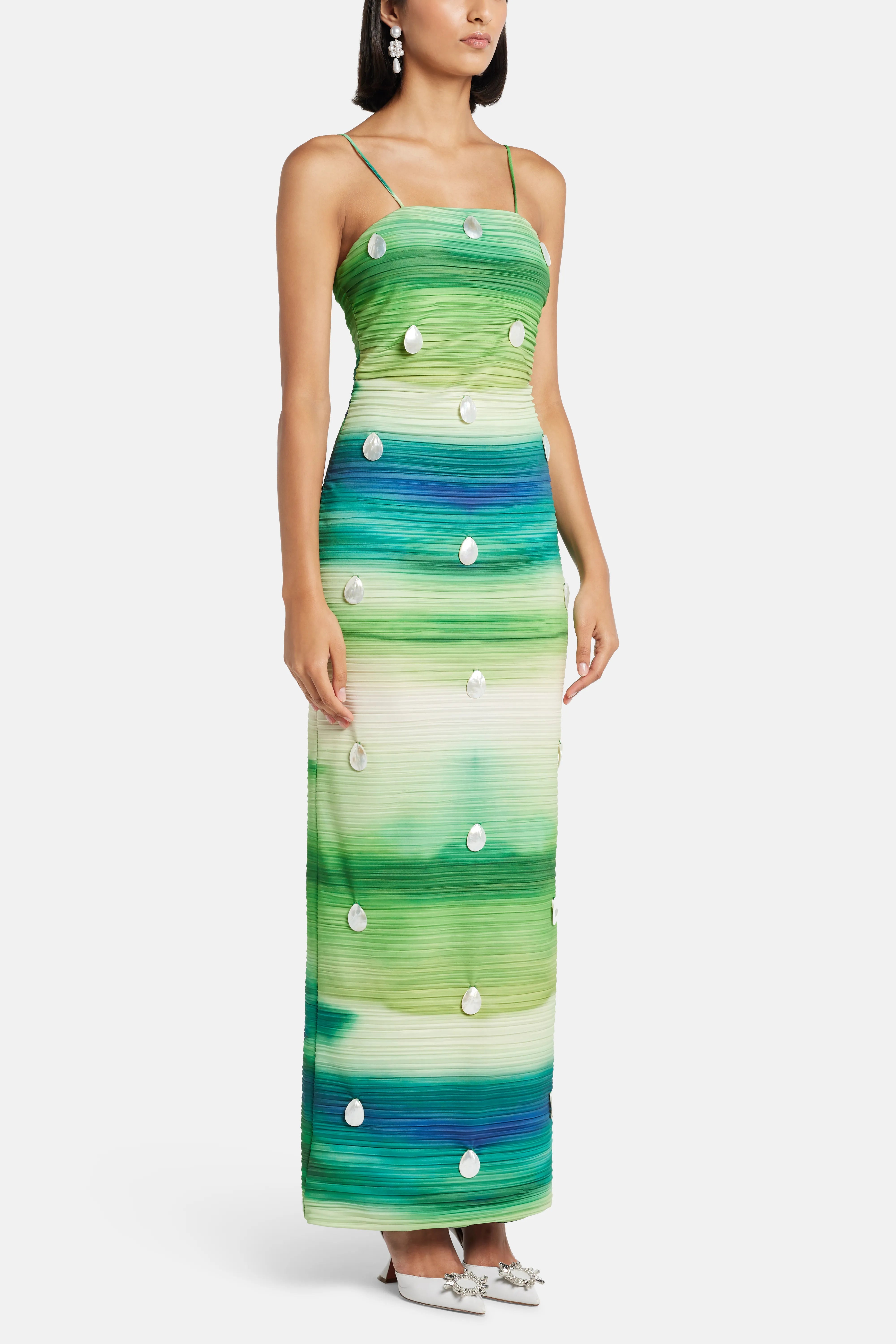 Abo Sleeveless Seashell Maxi Dress in Green and Blue