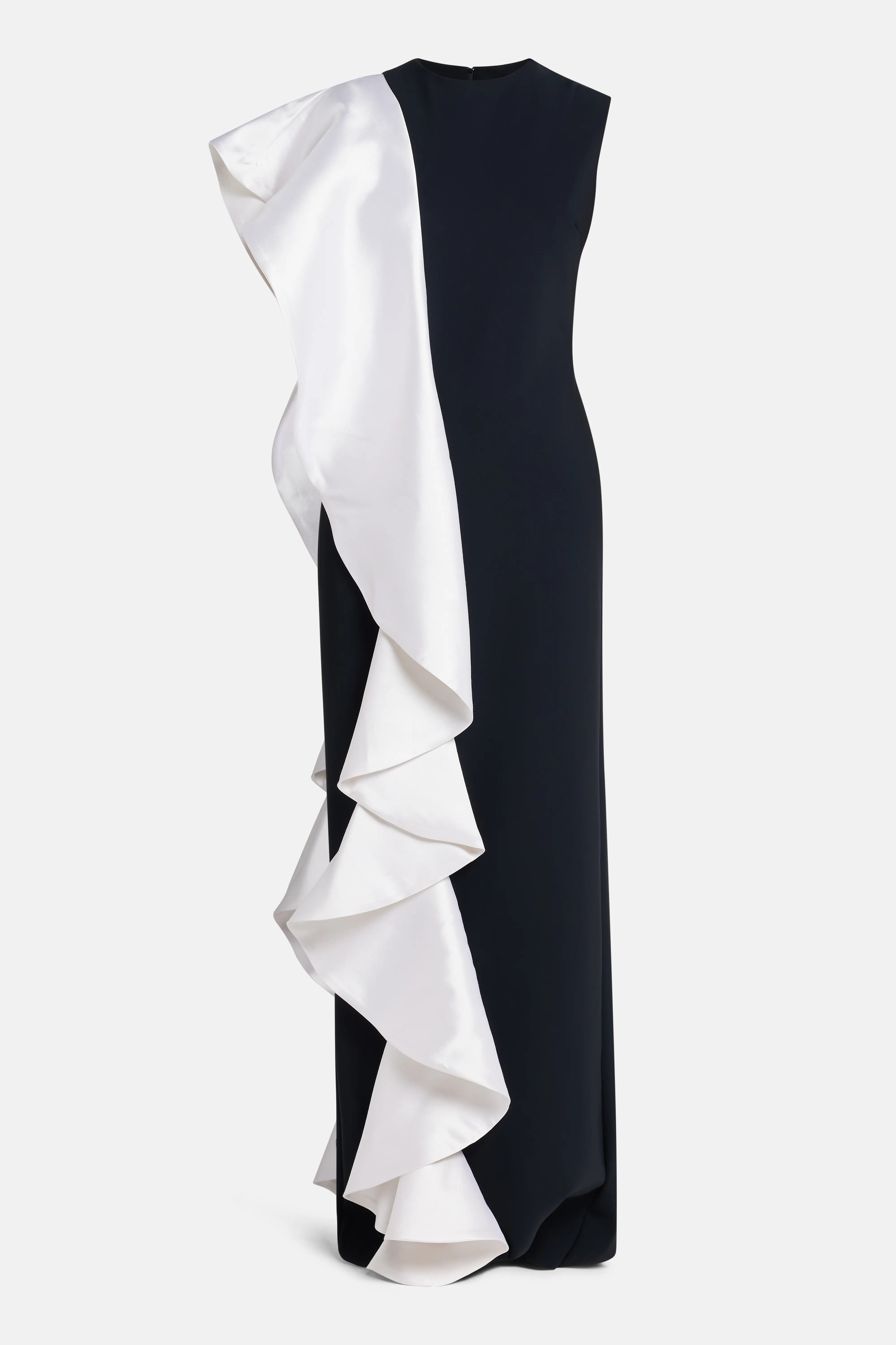 Ruffle Trim Sleeveless Evening Gown in Black and White