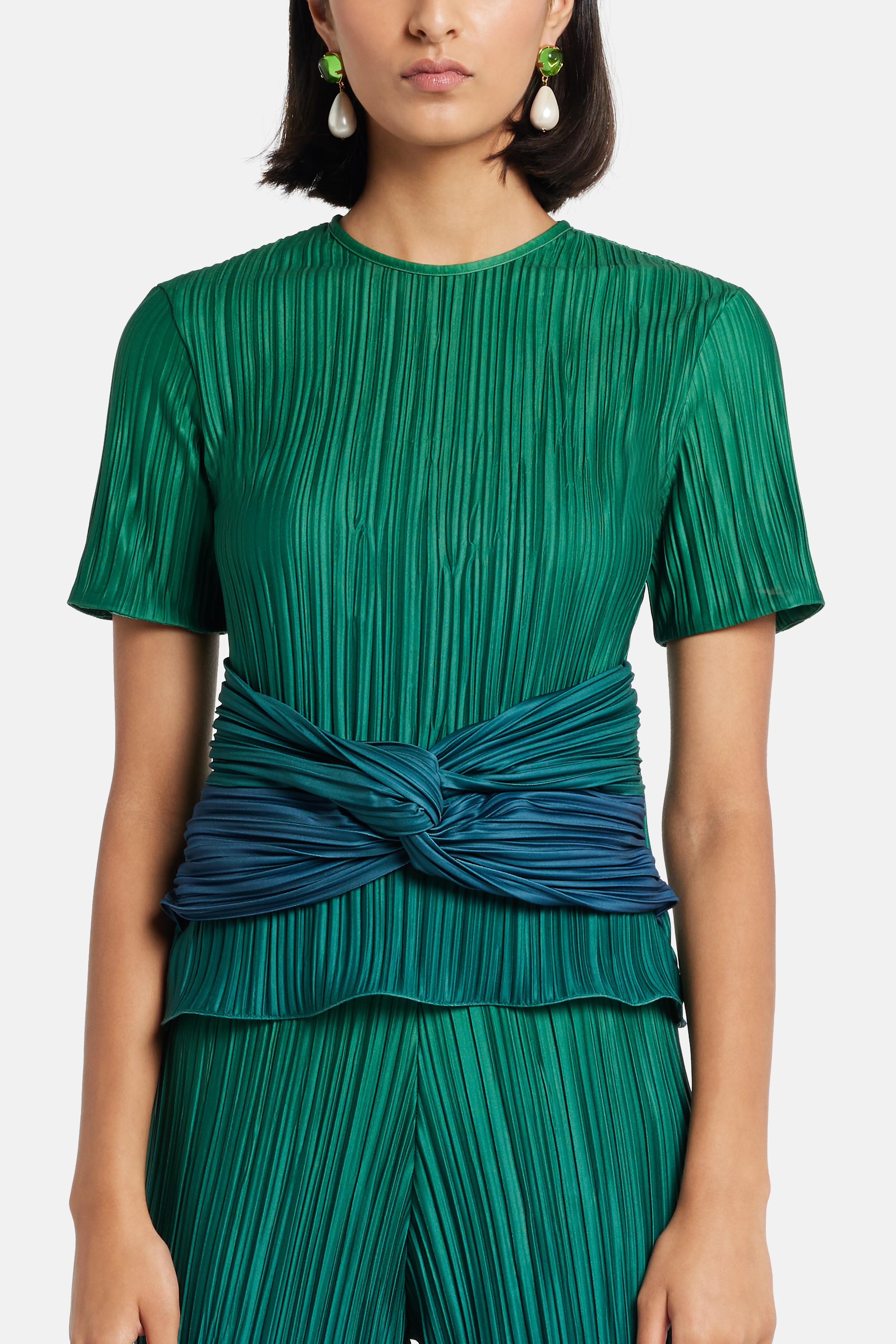 Arena Short Sleeves Pleated Top in Green and Blue