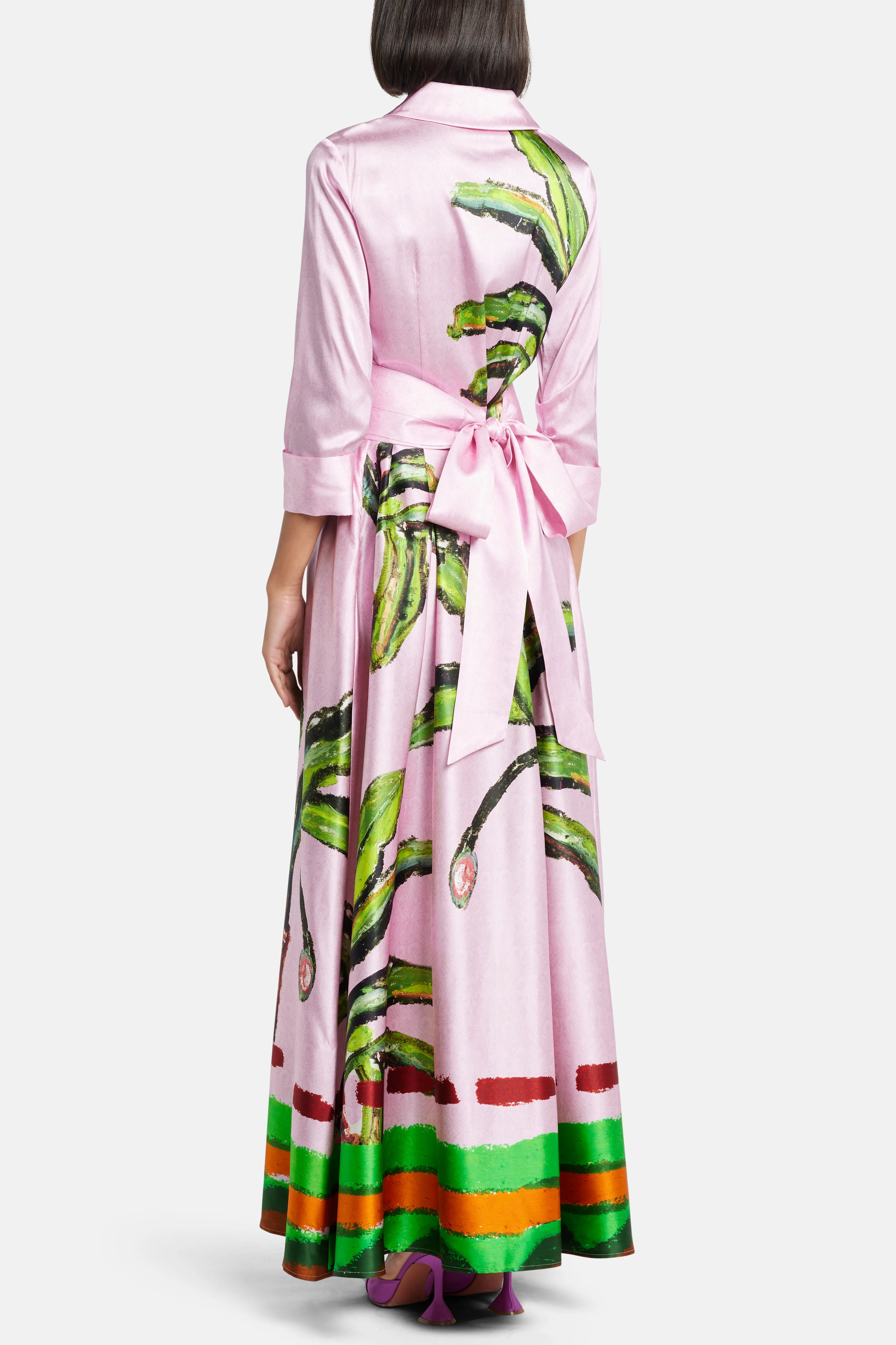 Kumulau Belted Silk Shirt Maxi Dress in Pink
