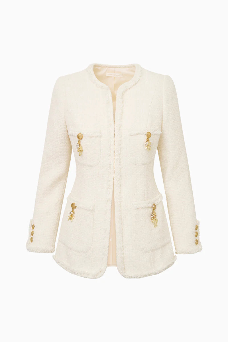 Adrina Embellishments Button Down Wool Jacket In Cream