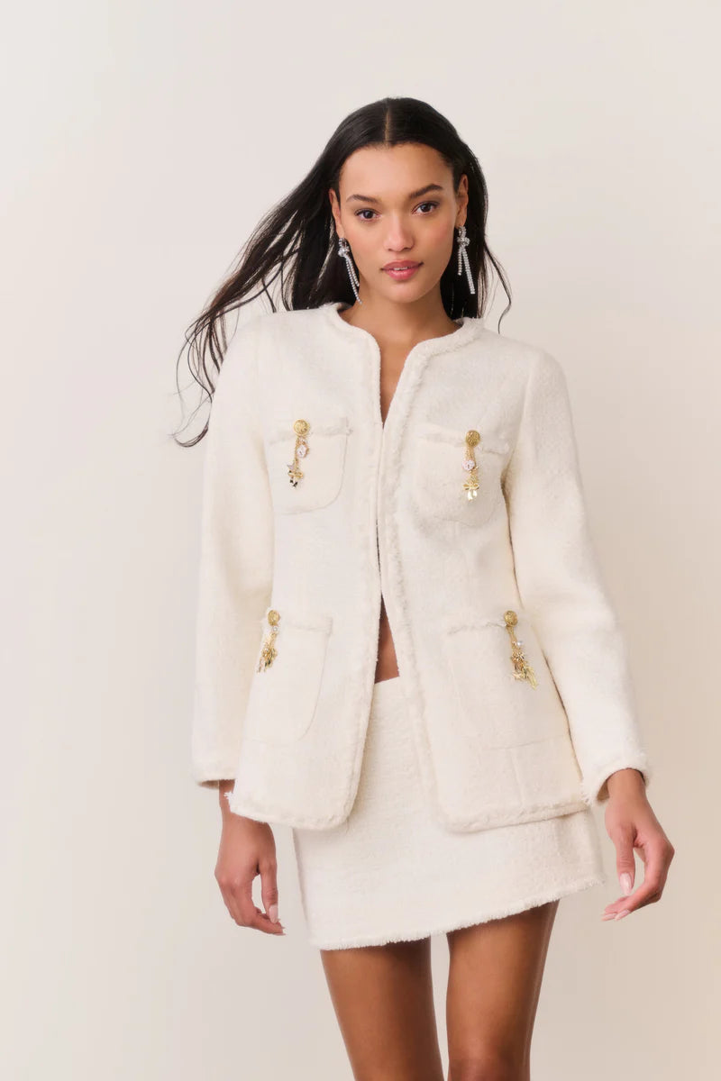 Adrina Embellishments Button Down Wool Jacket In Cream