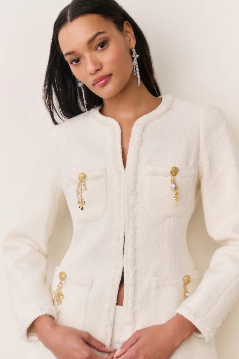 Adrina Embellishments Button Down Wool Jacket In Cream
