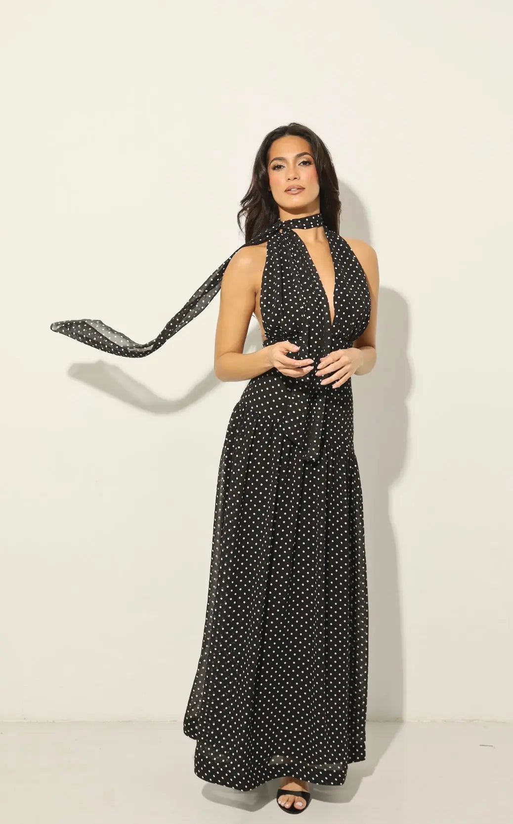 Grace Polka Dot Deep Neck Maxi Dress In Black With Scarf