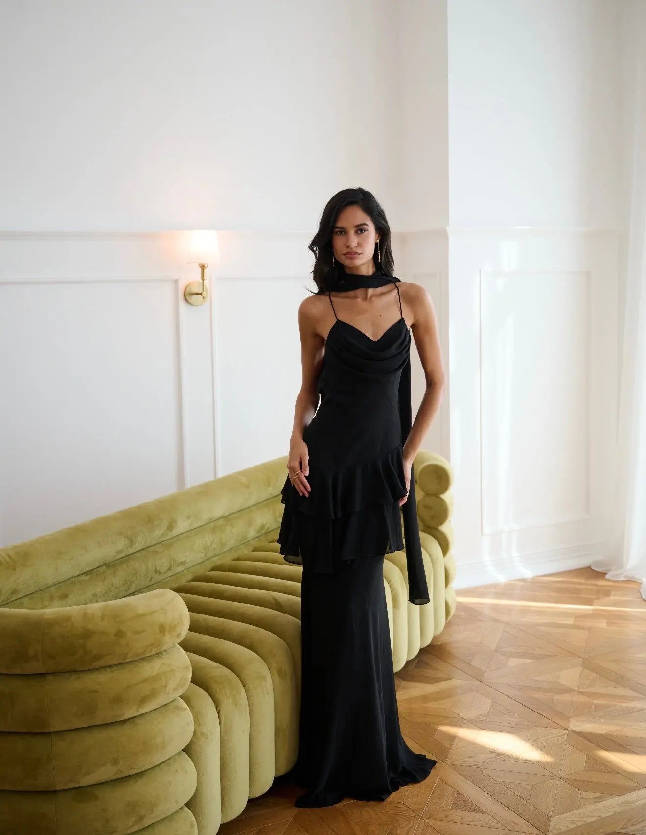 Juliet Slip Maxi Dress In Black With Scarf