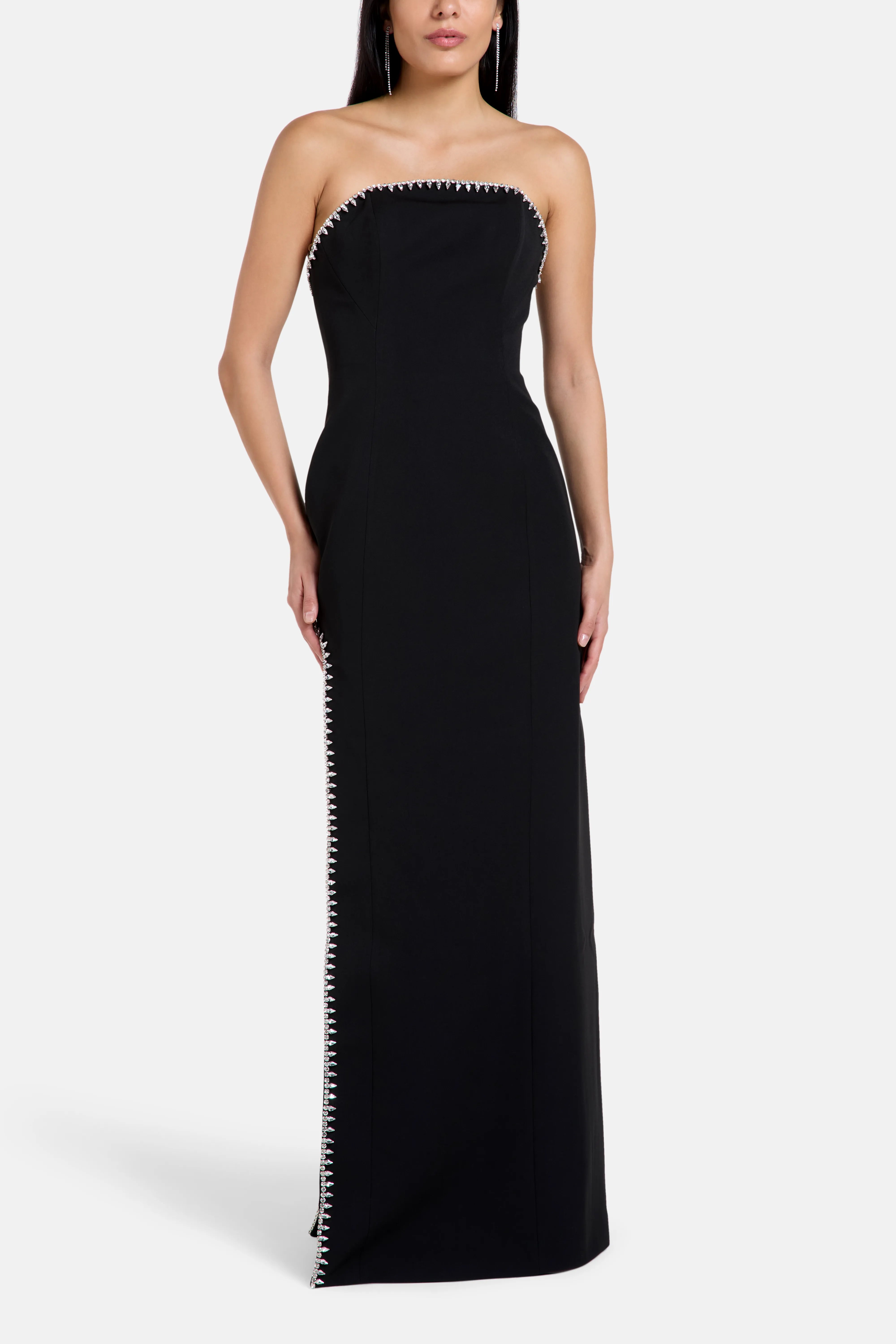 Bela Thigh Slit Crystal Embellished Evening Dress in Black