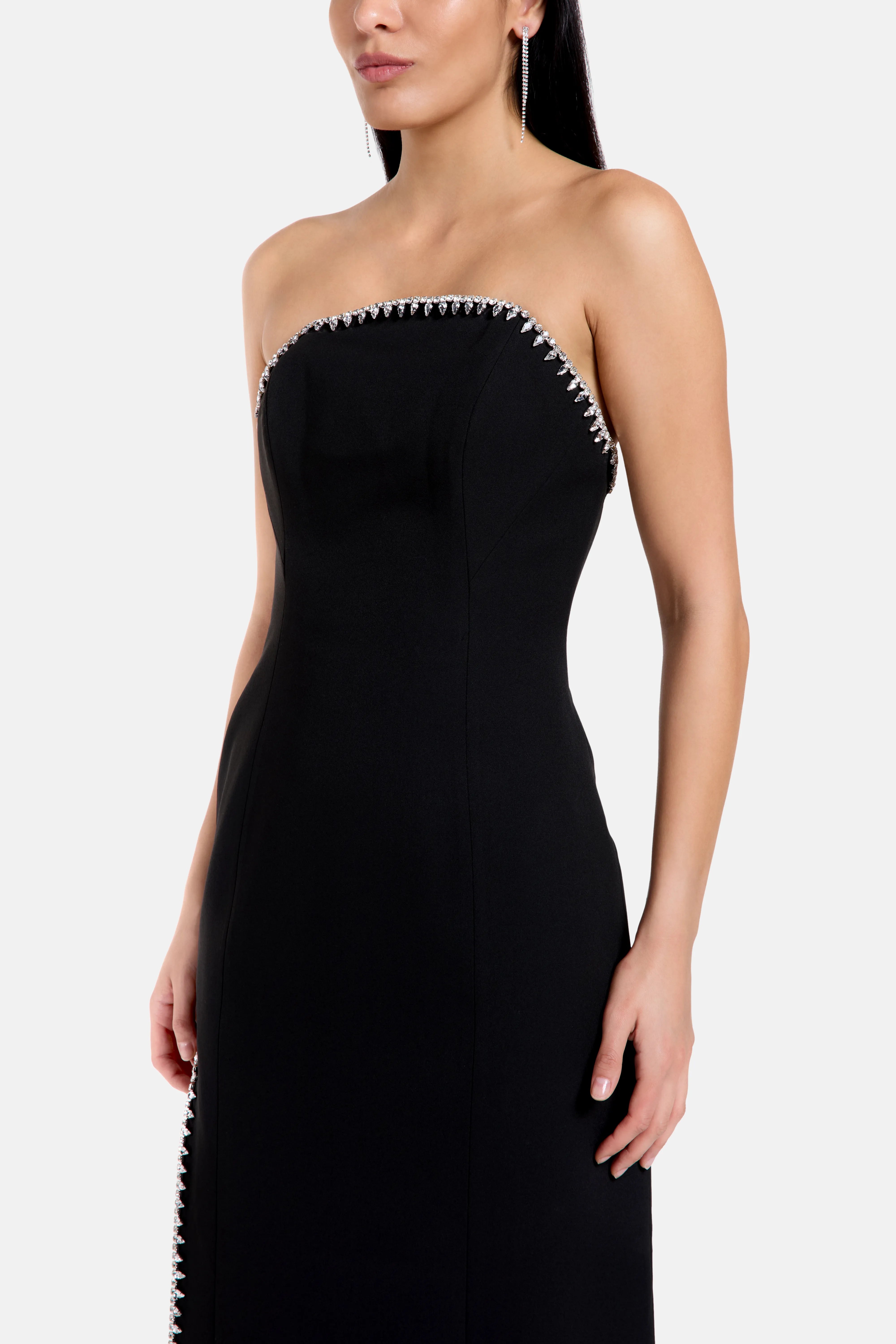 Bela Thigh Slit Crystal Embellished Evening Dress in Black