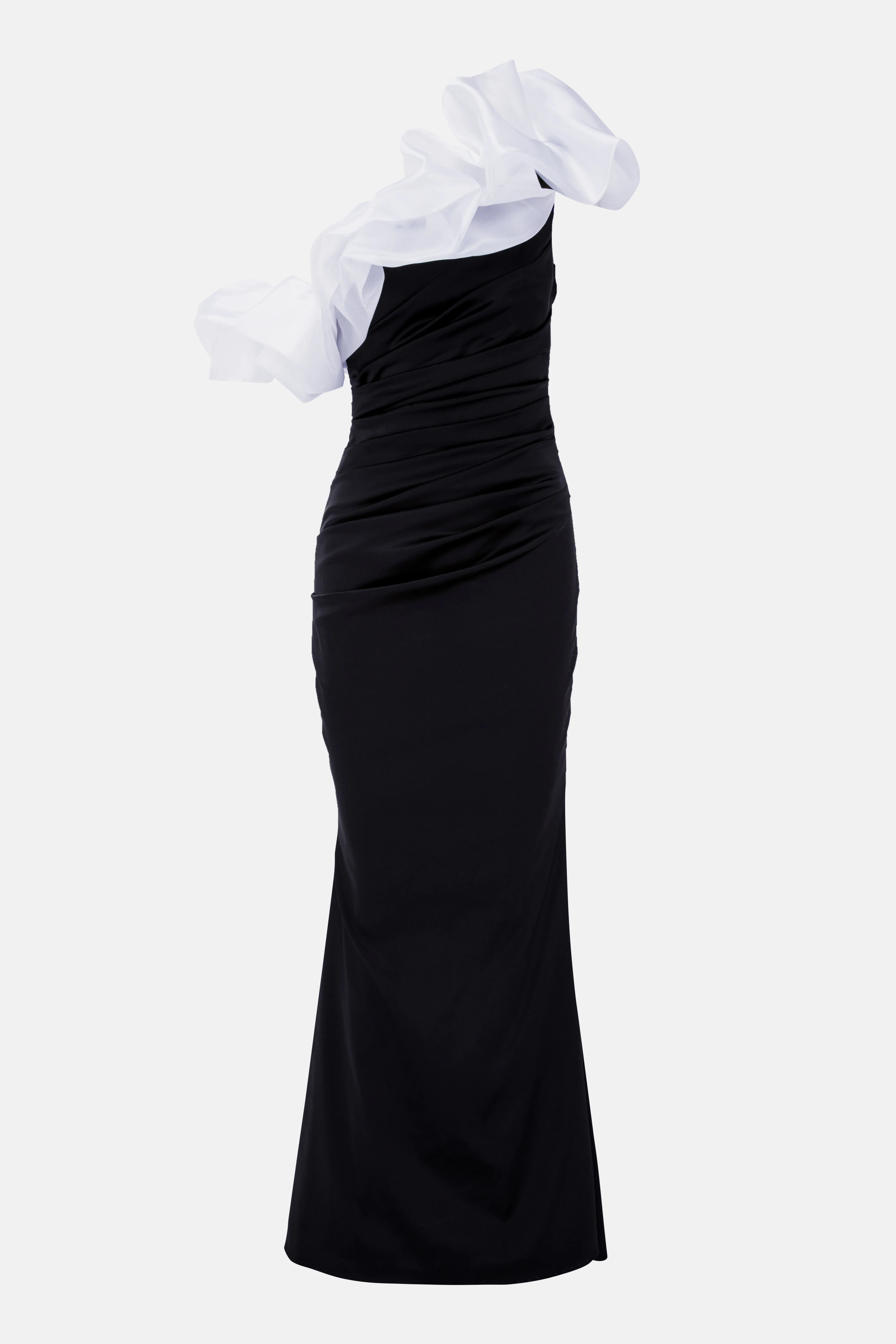 Satin & Gazar Mix One Shoulder Evening Dress in Black and White