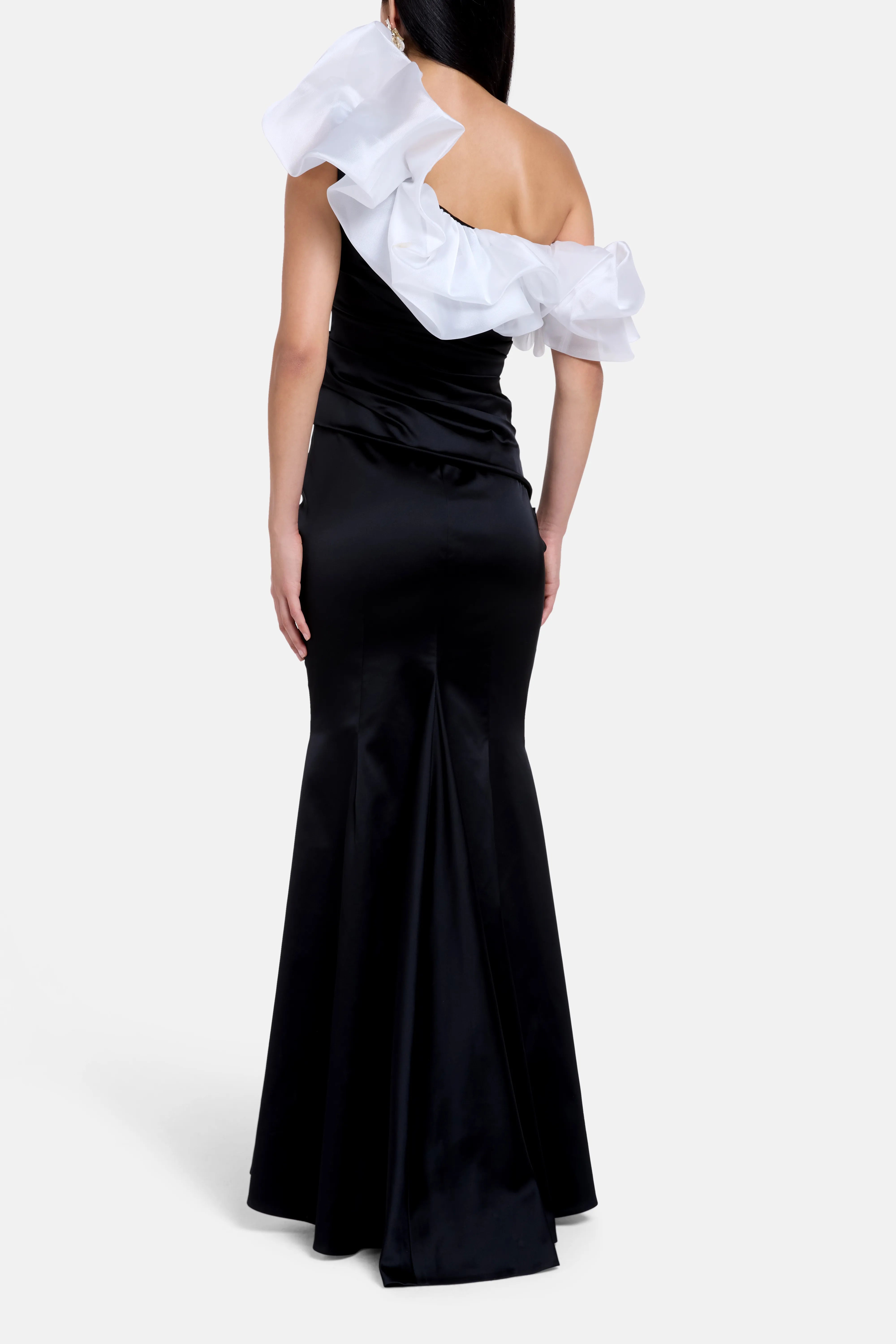 Satin & Gazar Mix One Shoulder Evening Dress in Black and White