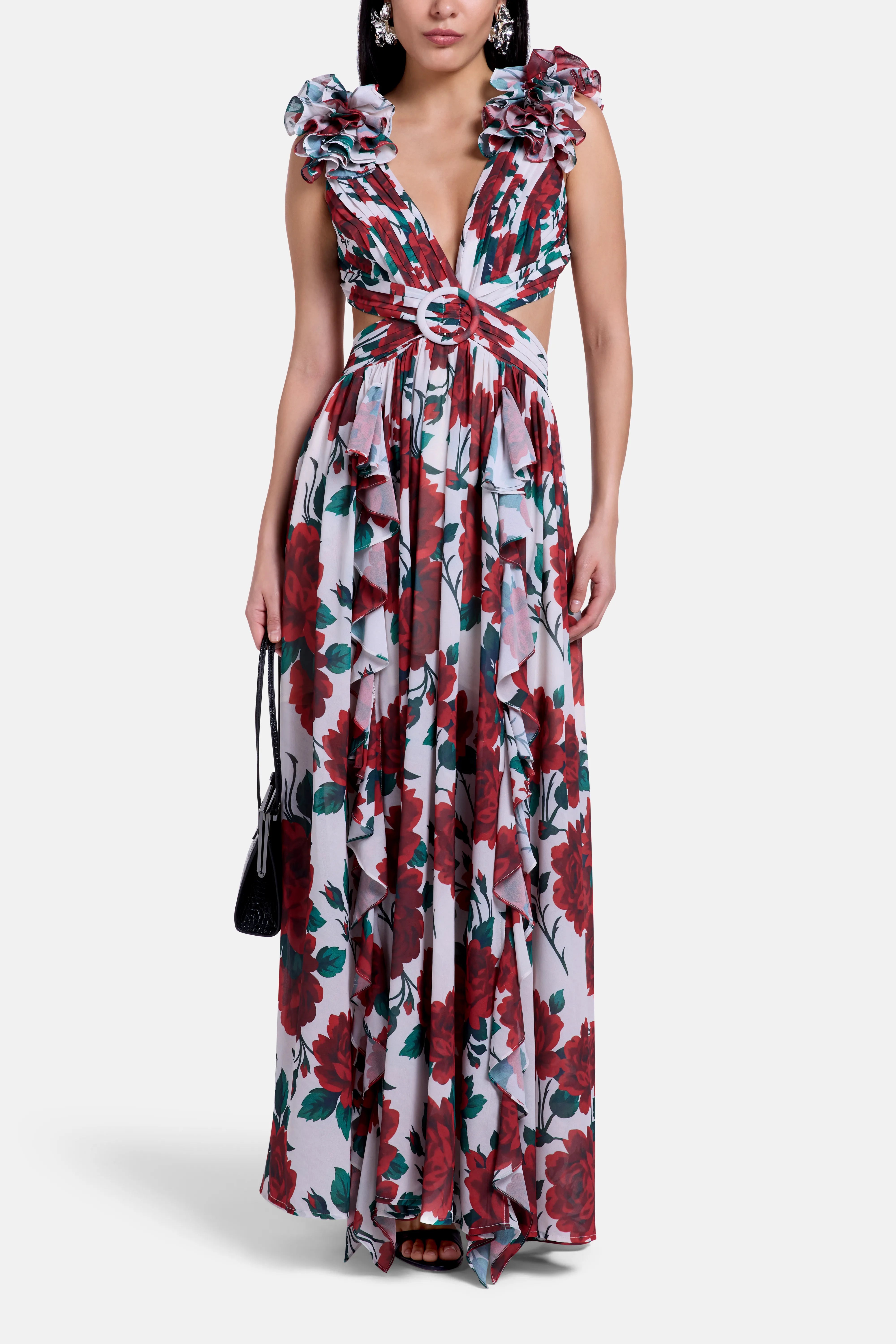 Cassini Flutter Sleeve Cut Out Ruffle Lace Back Maxi Dress in White