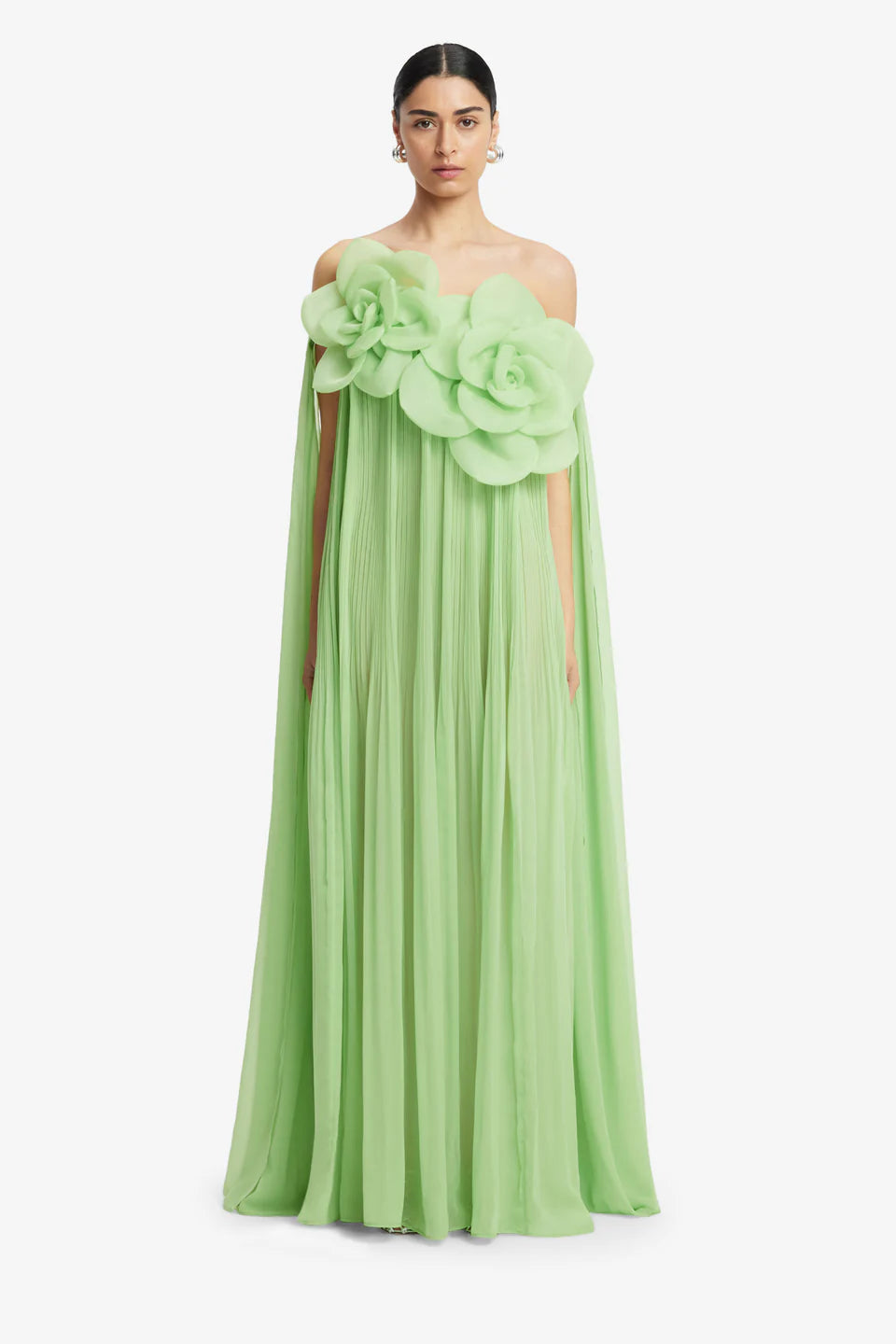 Jaclyn Draped Off Shoulder Cape Floral Maxi Dress in Green