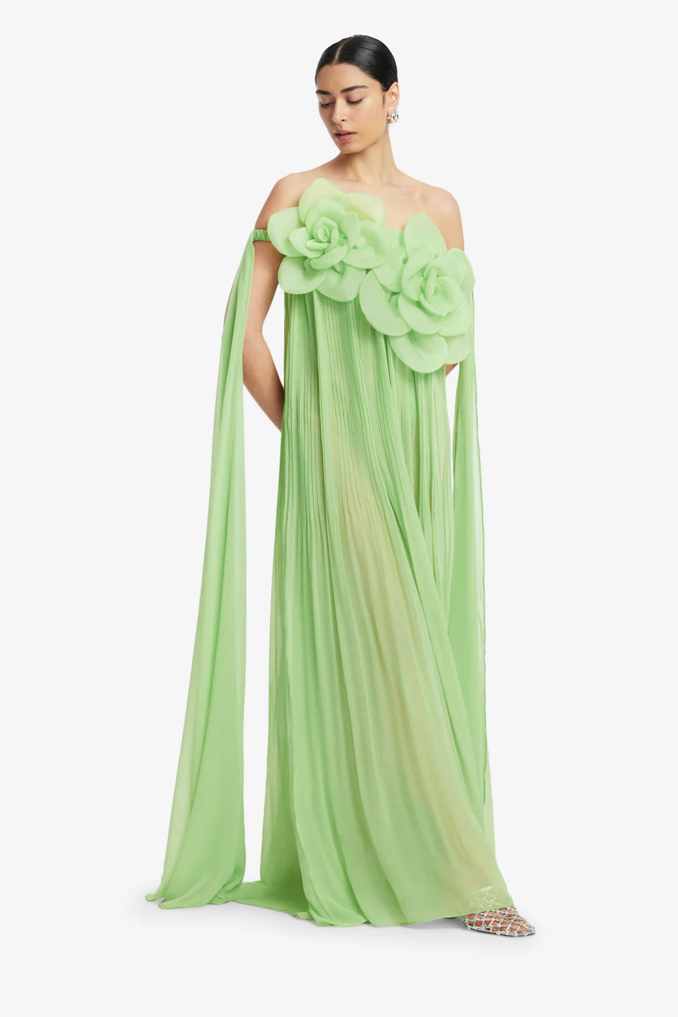 Jaclyn Draped Off Shoulder Cape Floral Maxi Dress in Green