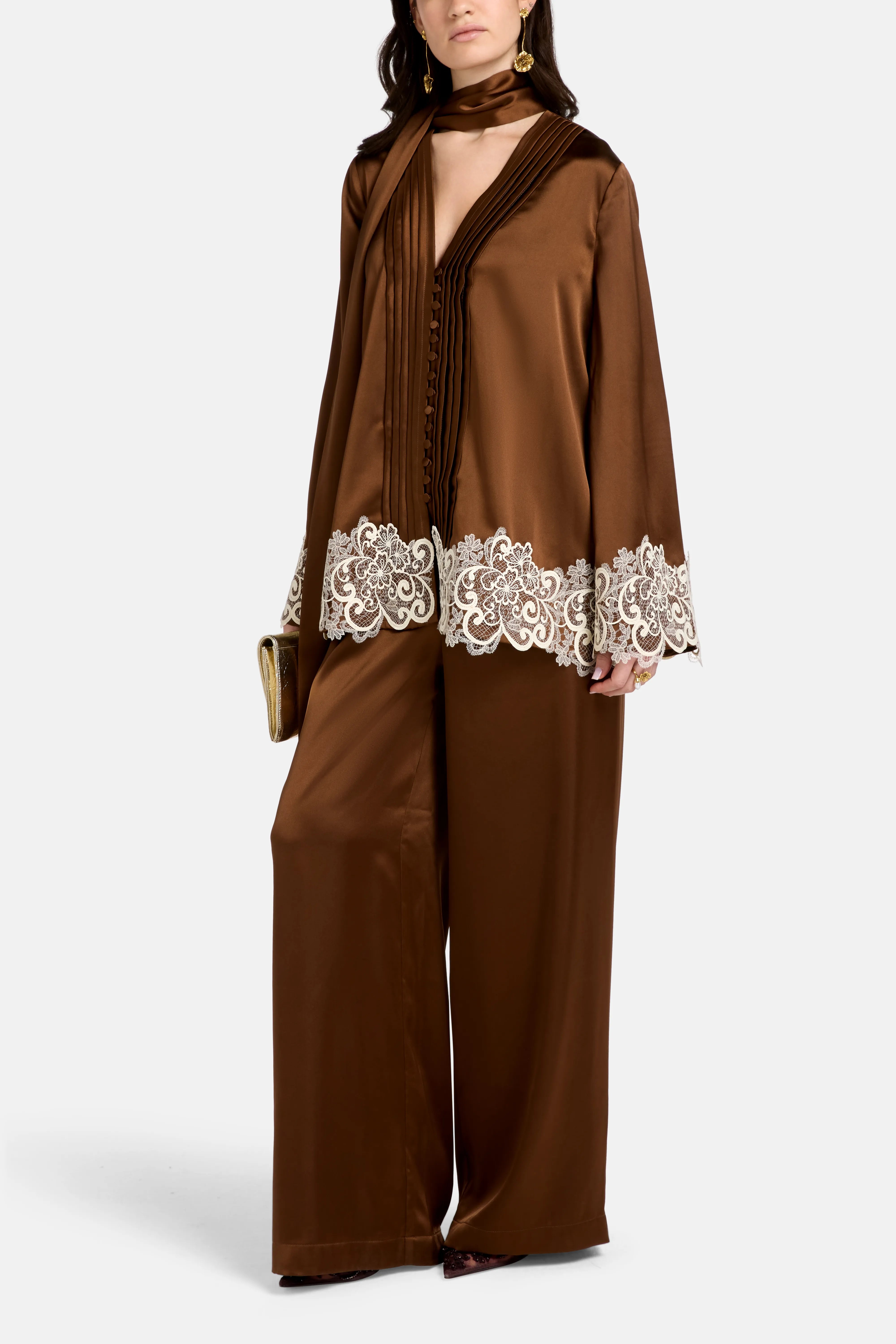 Haneen Linen Satin Coco Wide Legged Trousers in Brown