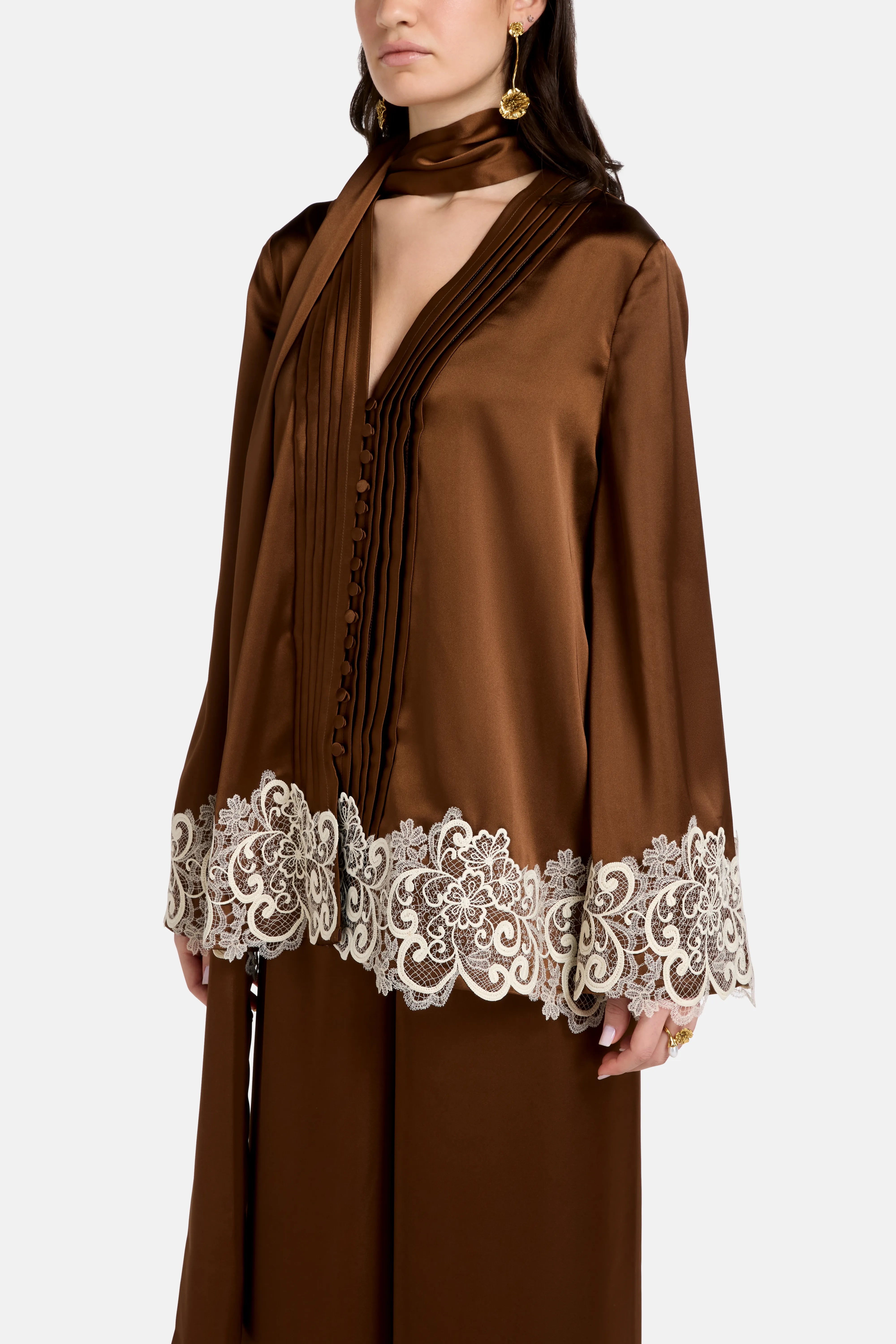 Haneen Linen Satin Lace Details Coco Top in Brown