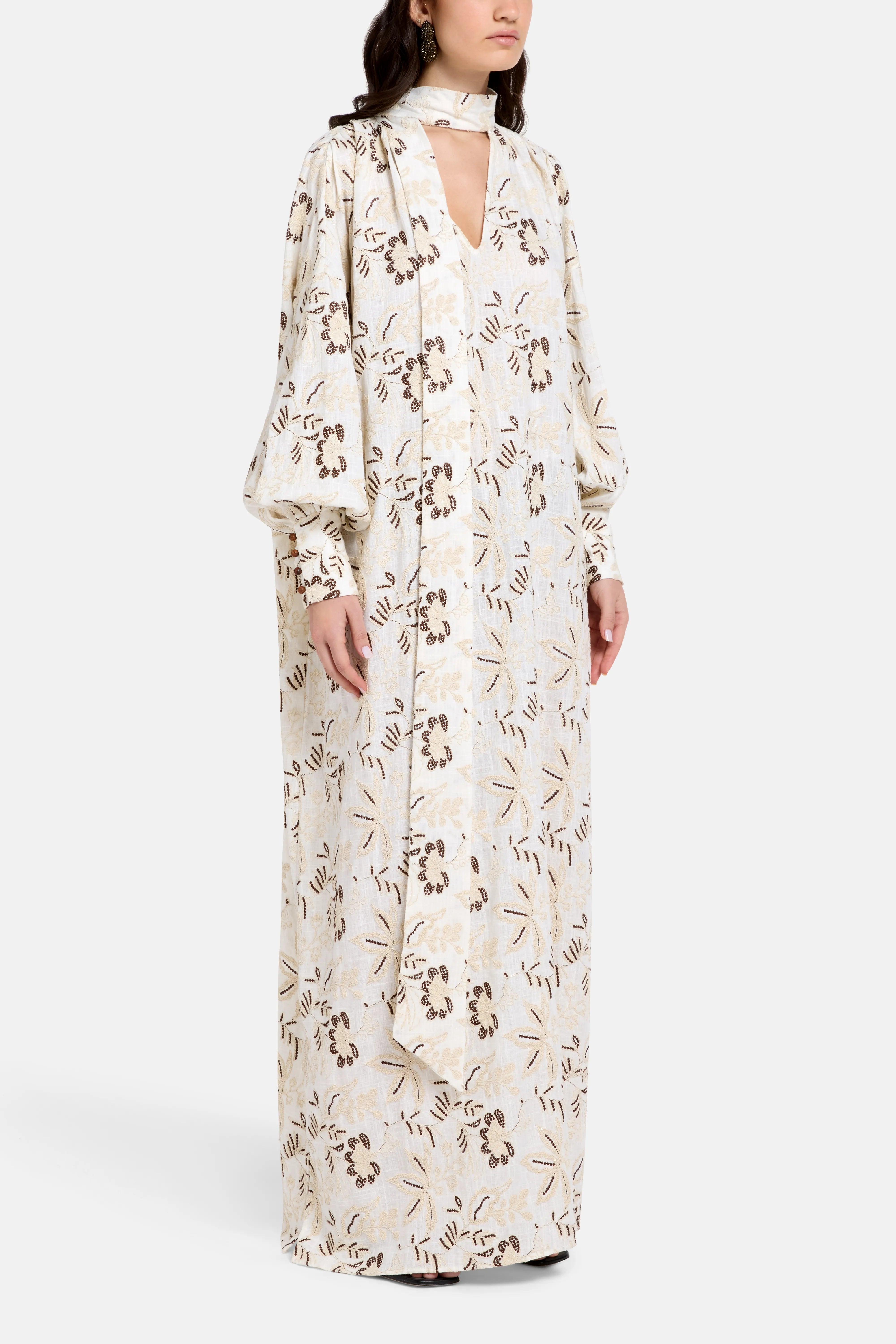 Mona Puff Sleeves Embroidered Cotton Kaftan in Cream