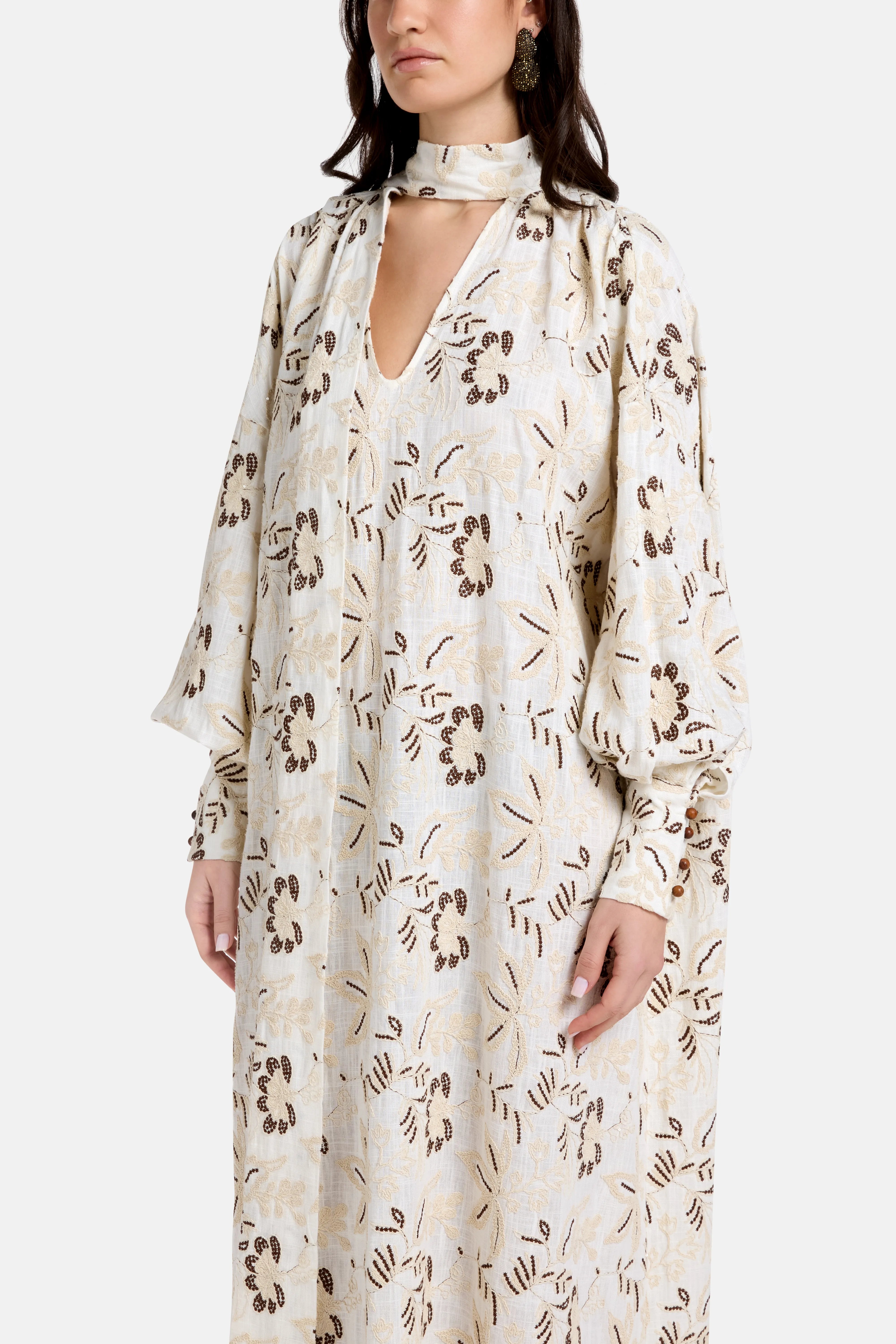 Mona Puff Sleeves Embroidered Cotton Kaftan in Cream