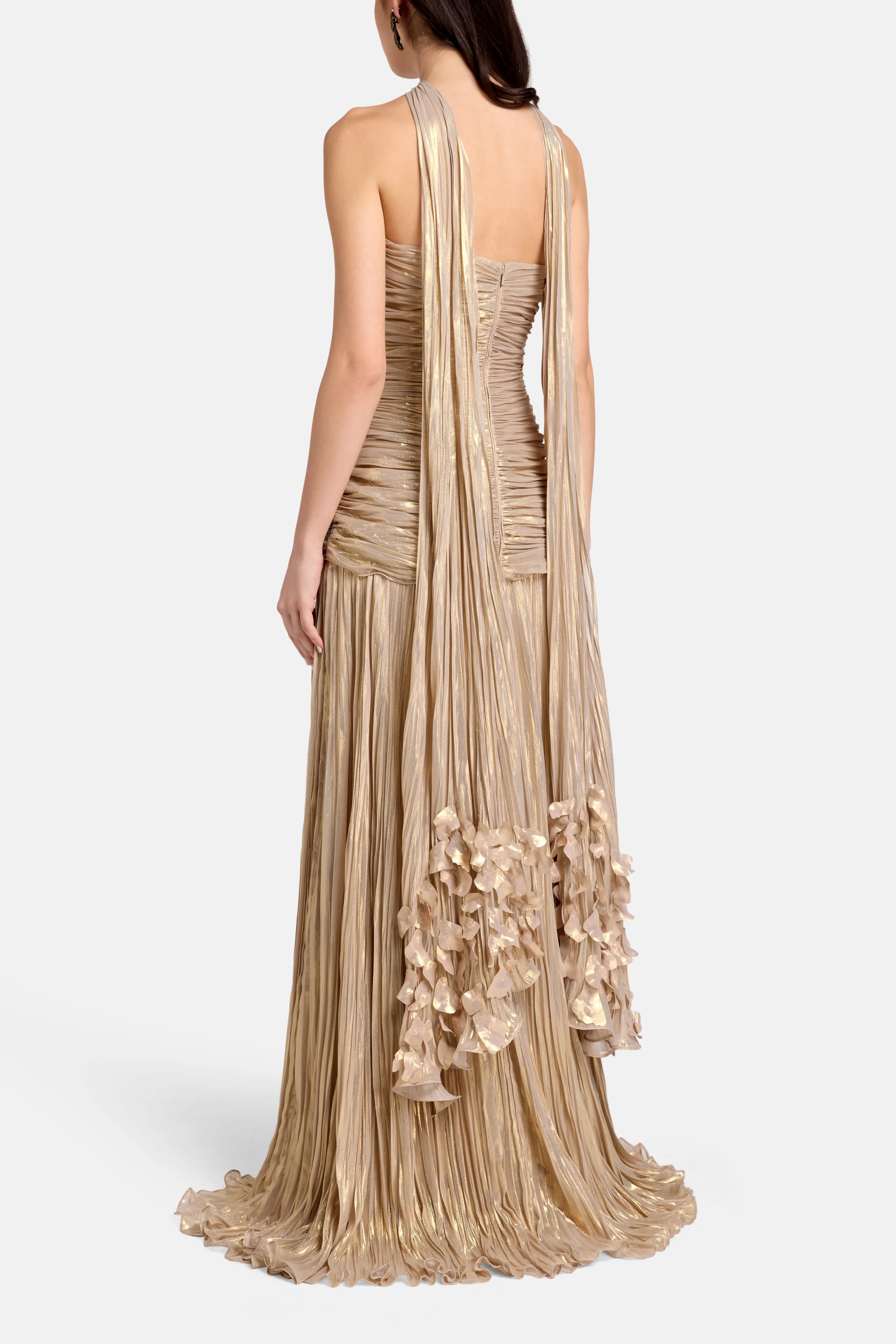 Pleated Silk Corset Evening Gown in Gold