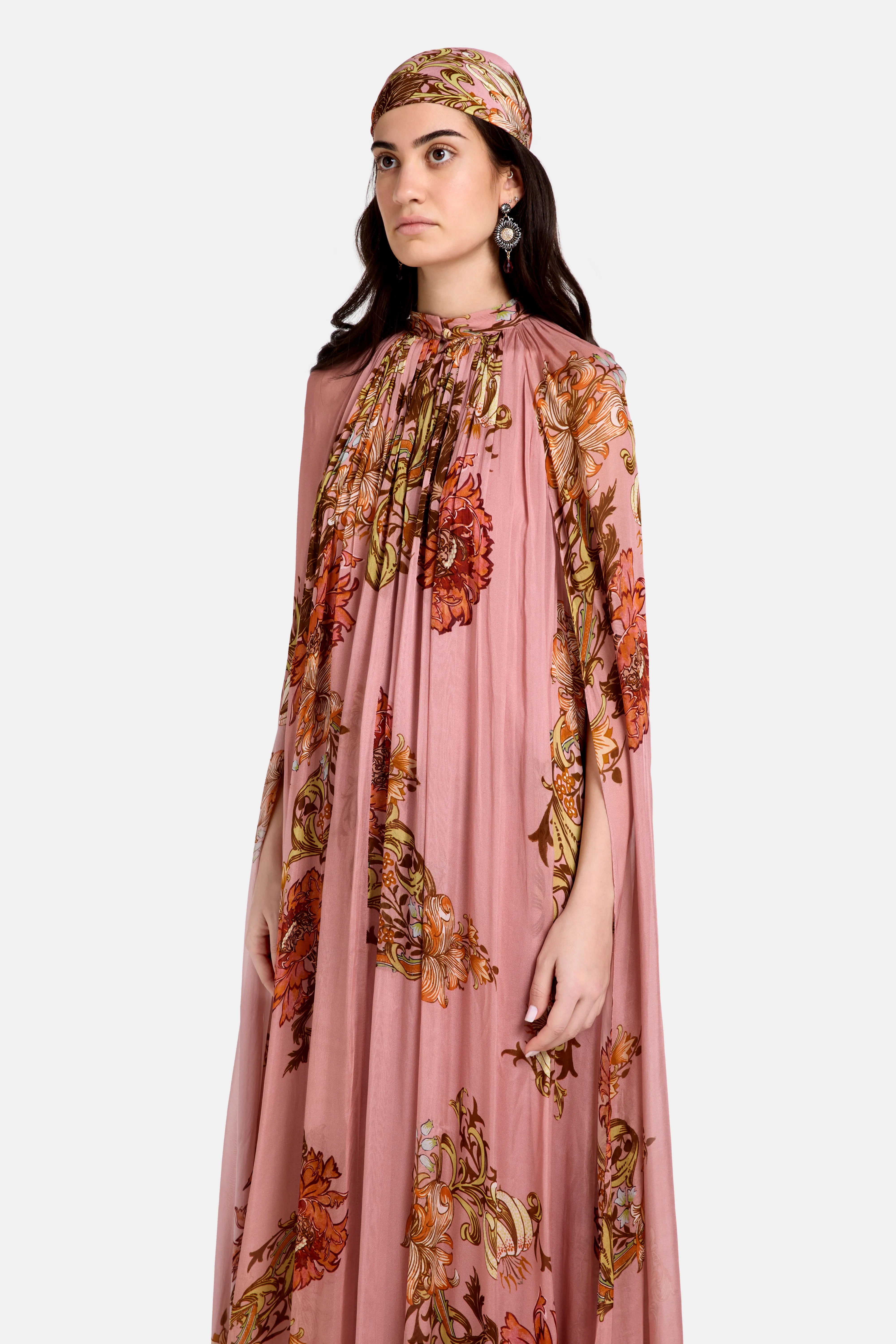 Sula Floral Pleated Cape Kaftan in Pink
