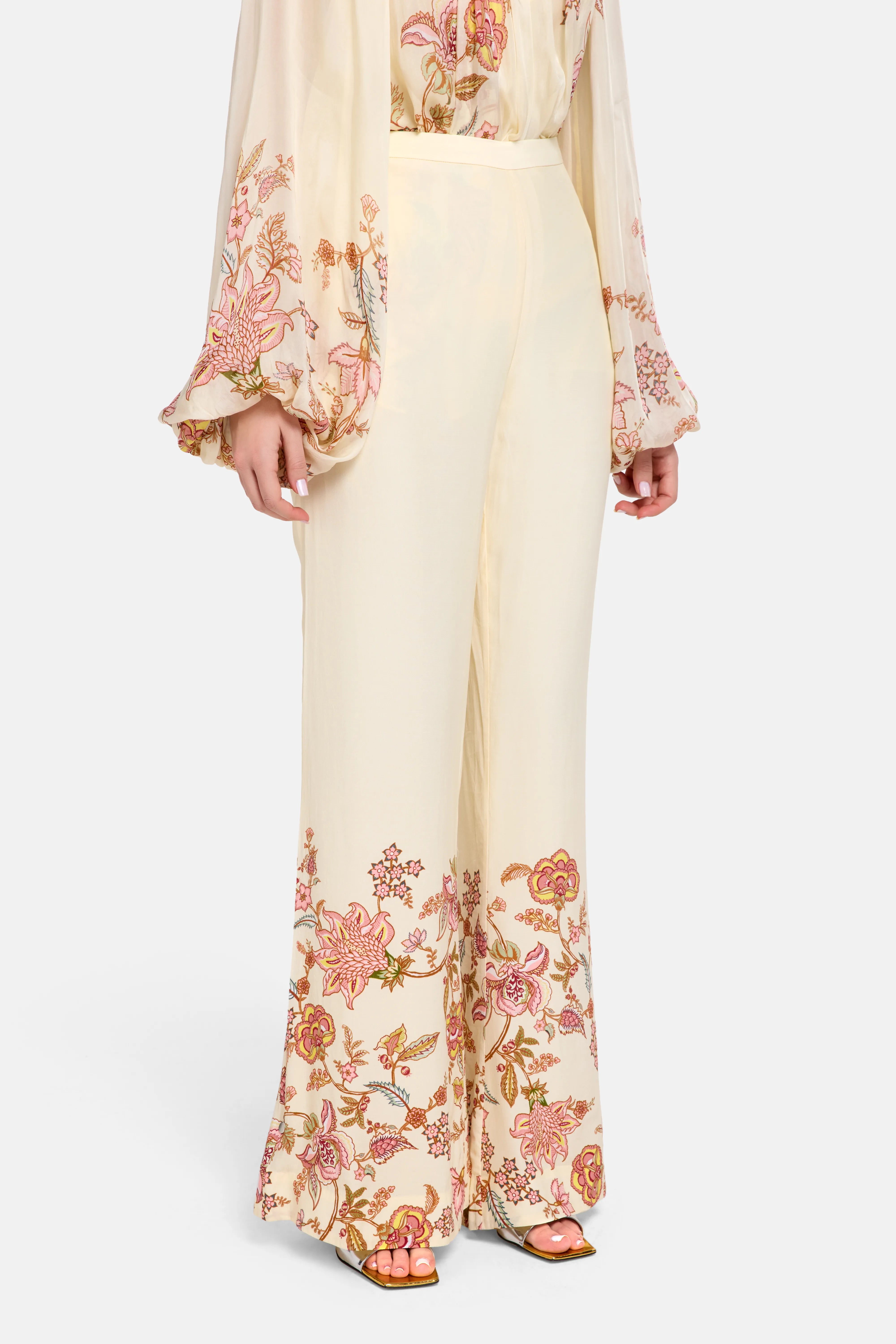 Riah Floral Wide Legged Trousers in Cream