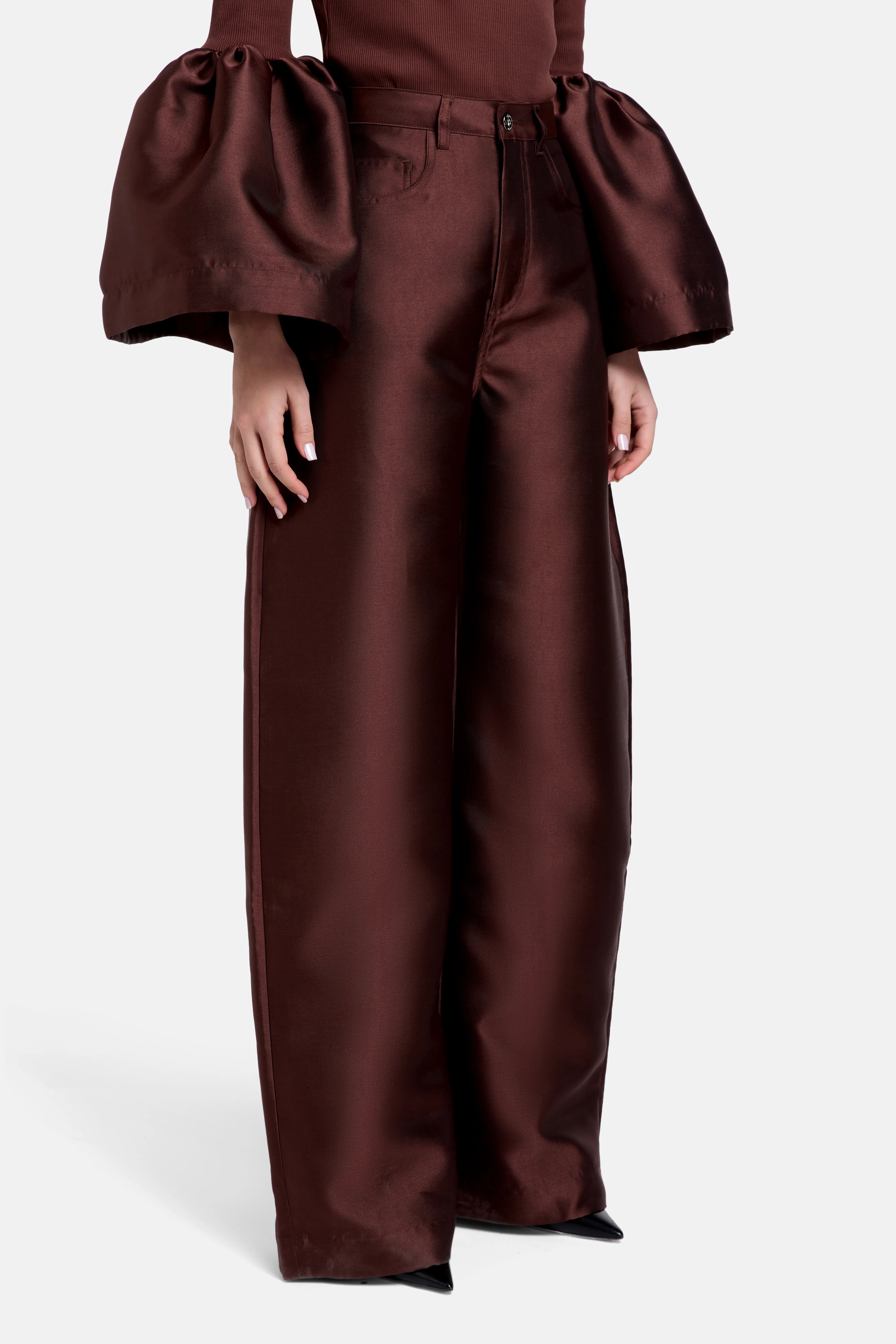 Boyfriend Style Satin Wide Legged Trousers in Brown