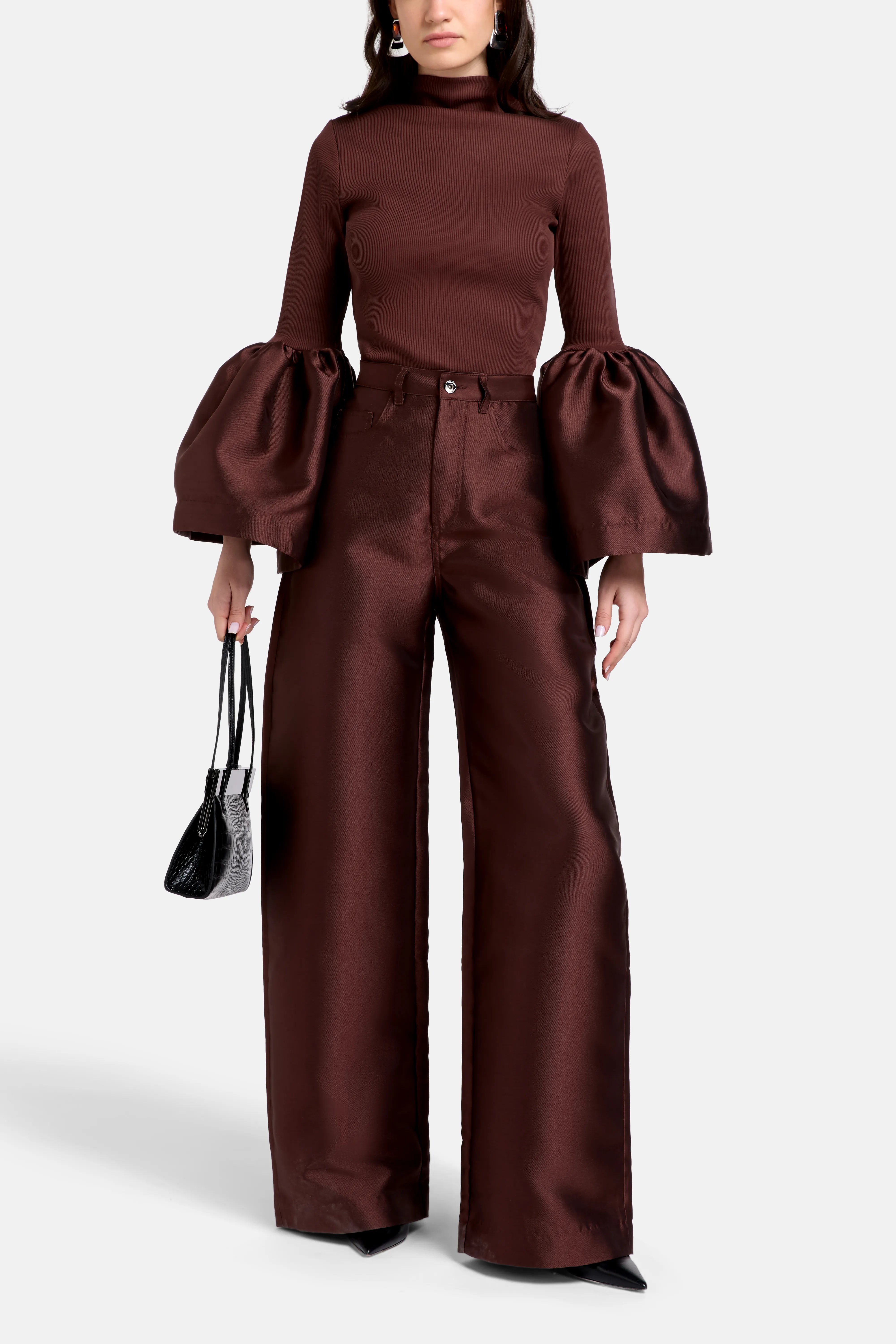 Boyfriend Style Satin Wide Legged Trousers in Brown