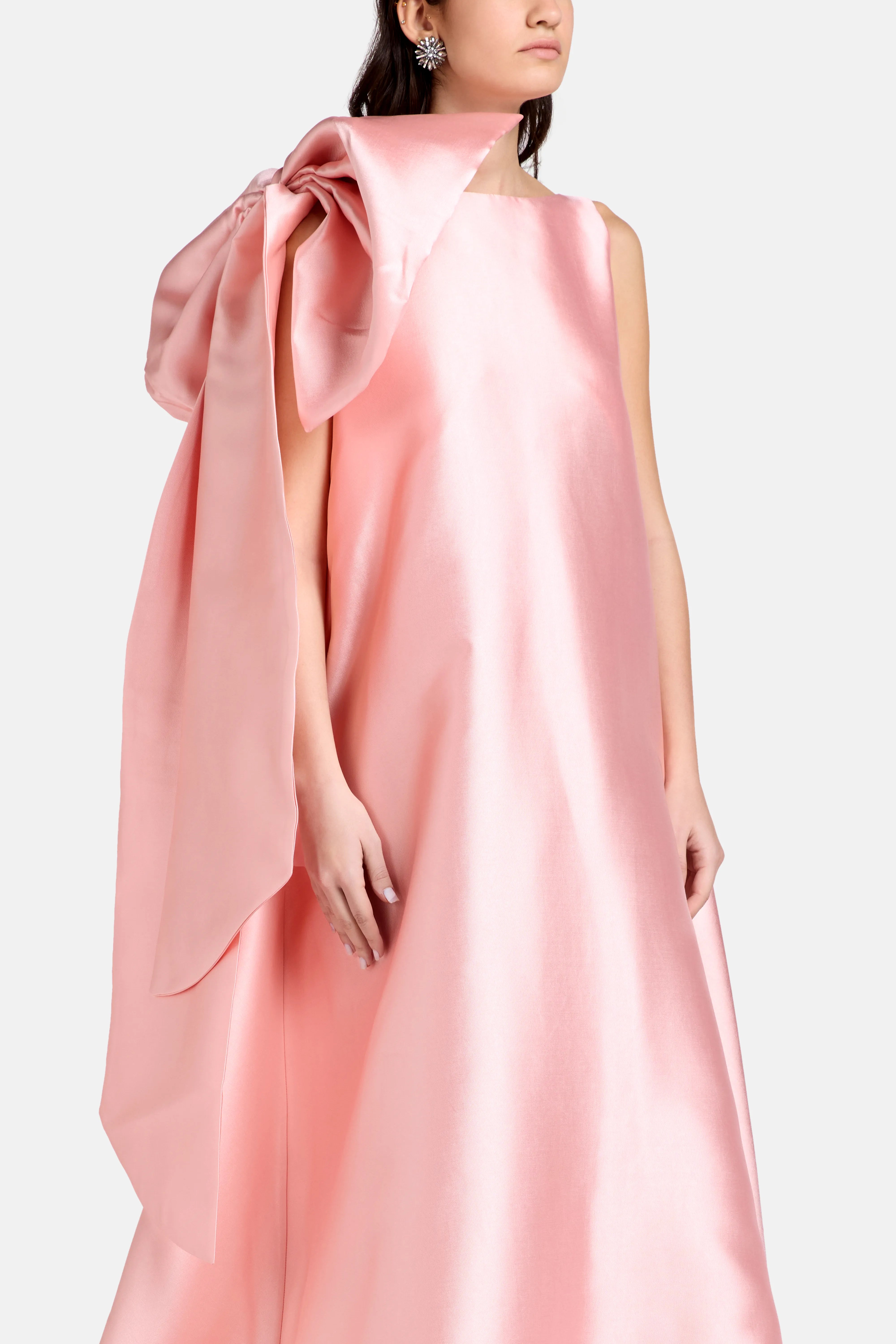 Satin Long Train Bow Shoulder Evening Gown in Pink