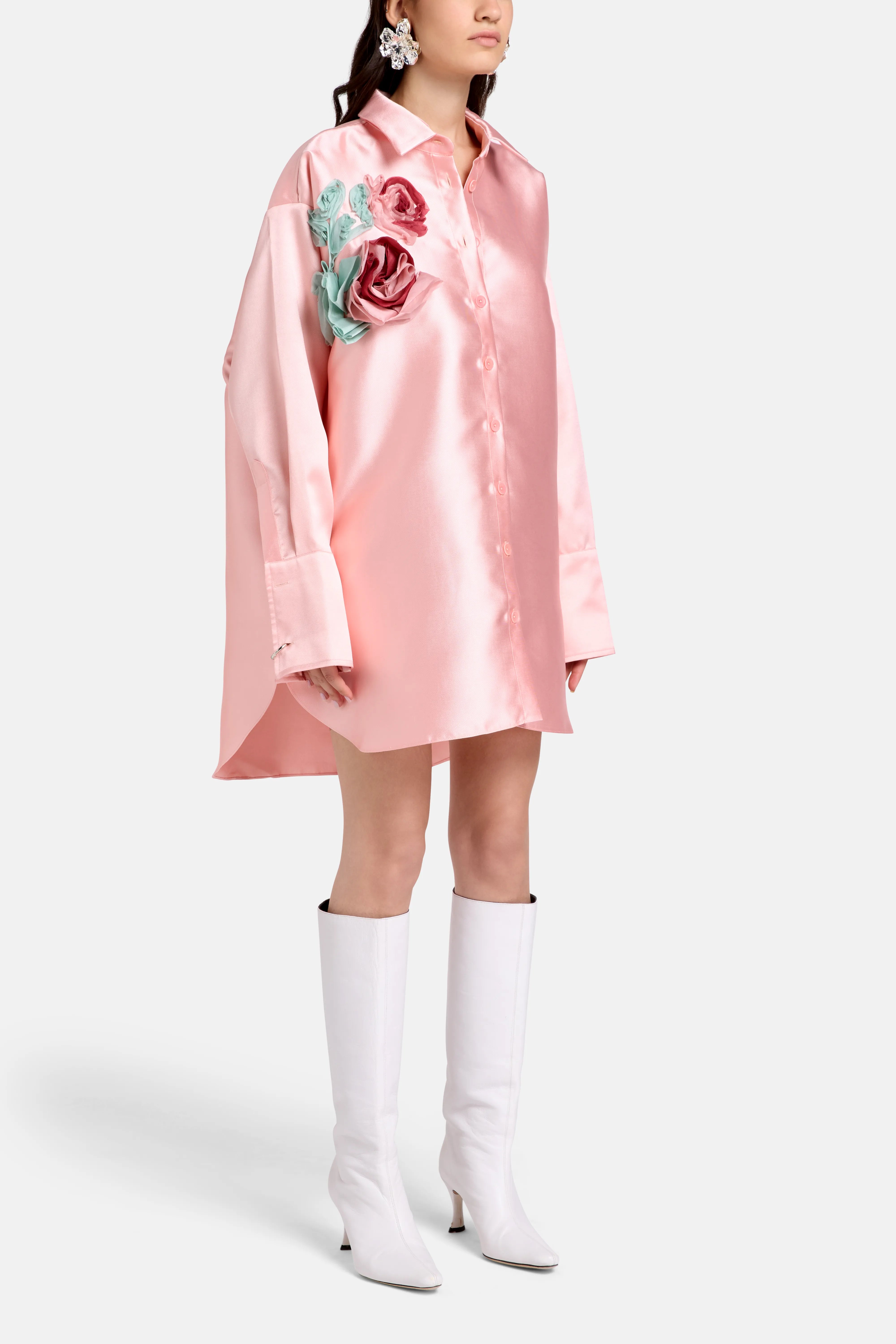 Floral Embellished Satin Oversized Shirt in Pink