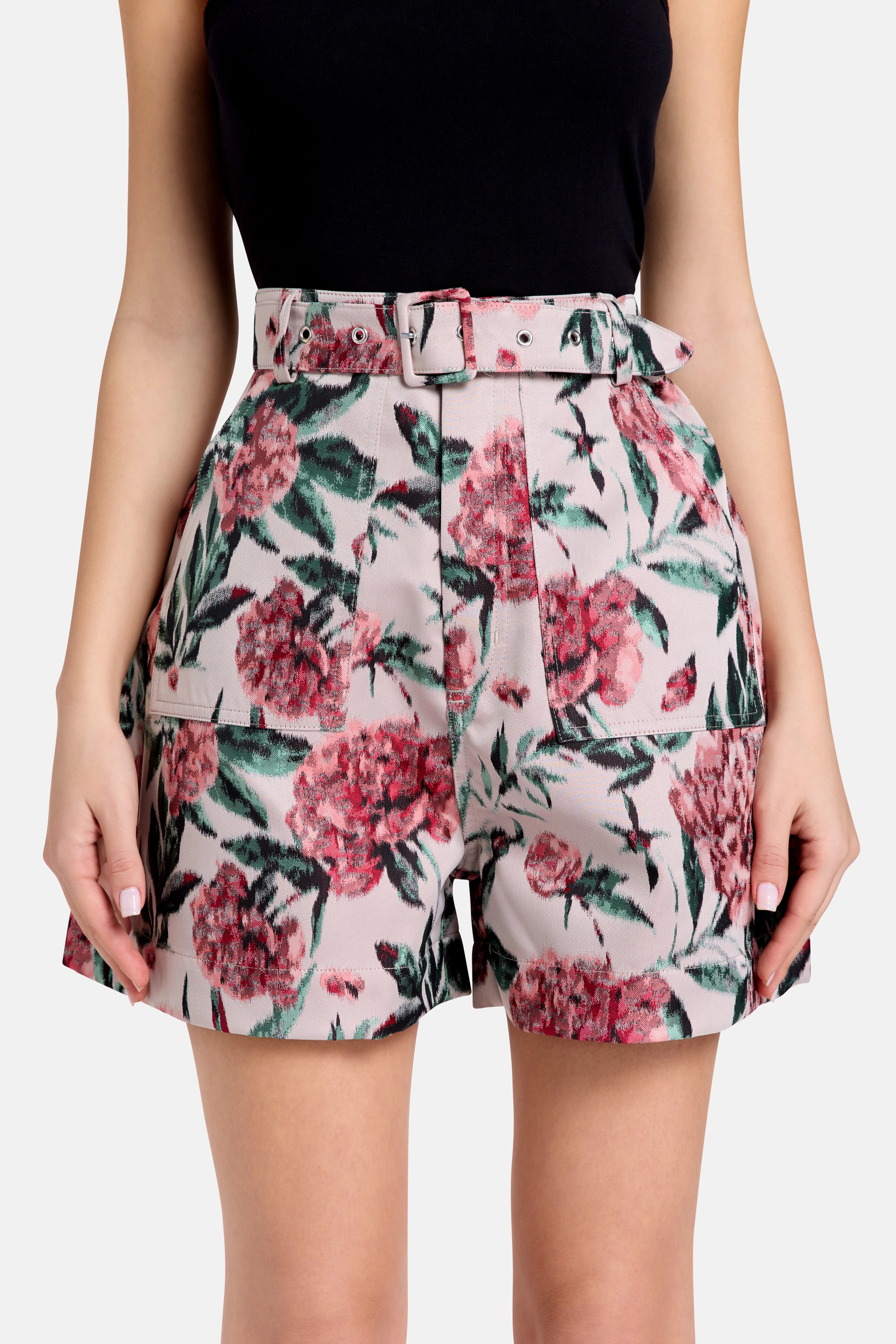 Floral Brocade Belted High Waisted Shorts in Pink