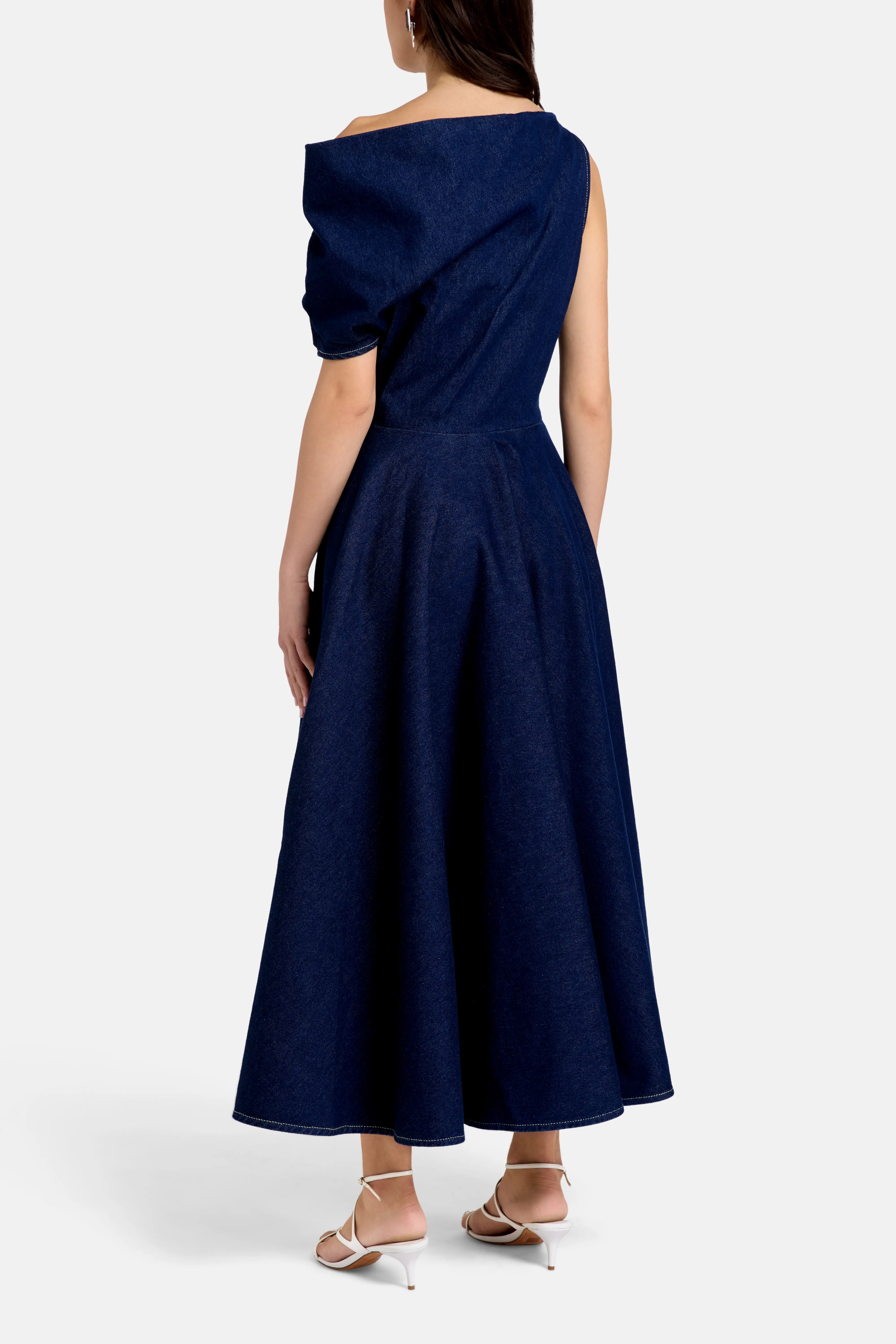 Indigo Denim Cotton Sleeveless Midi Dress in Blue