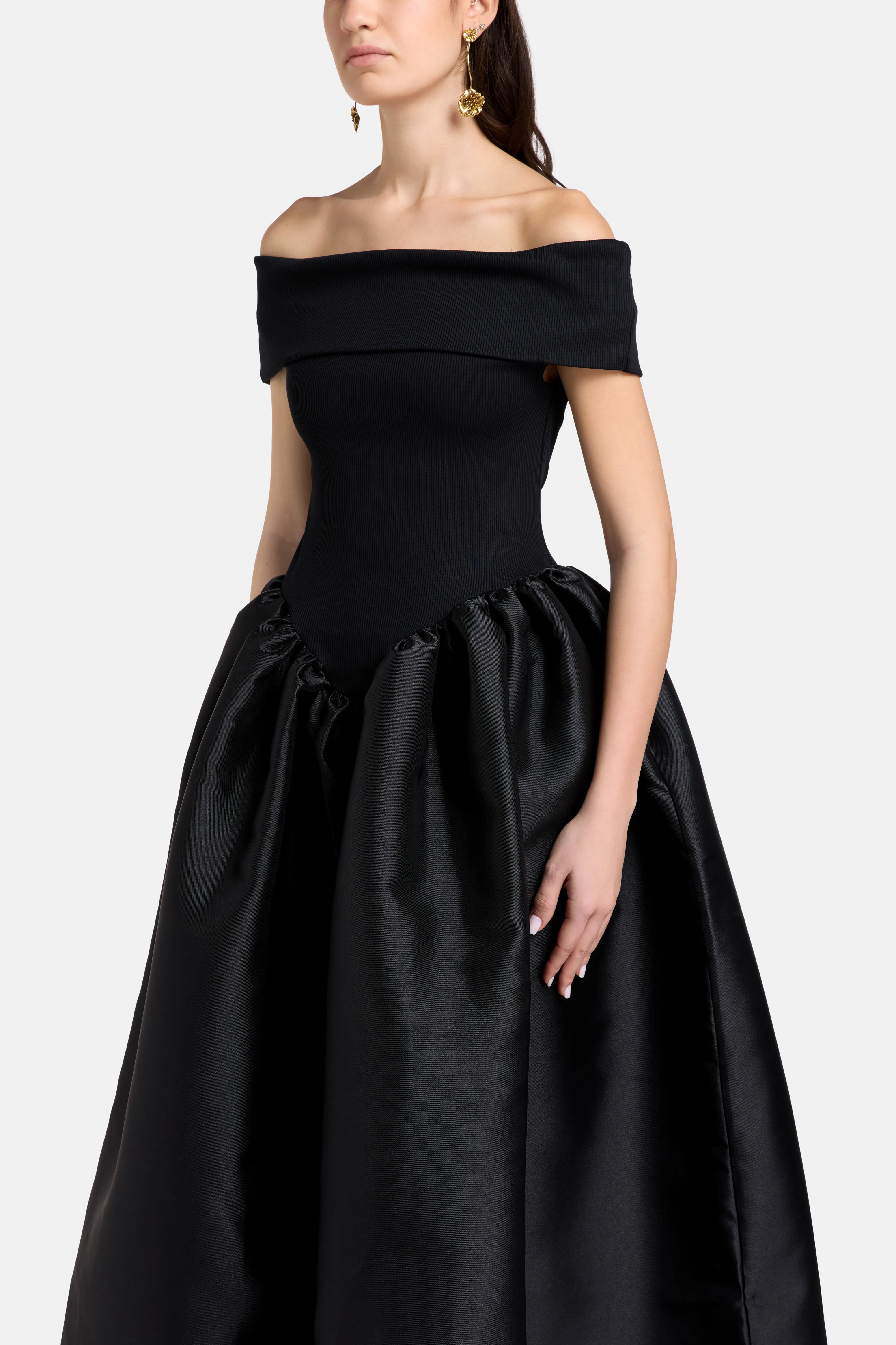 Princess Off Shoulder Satin Maxi Dress in Black