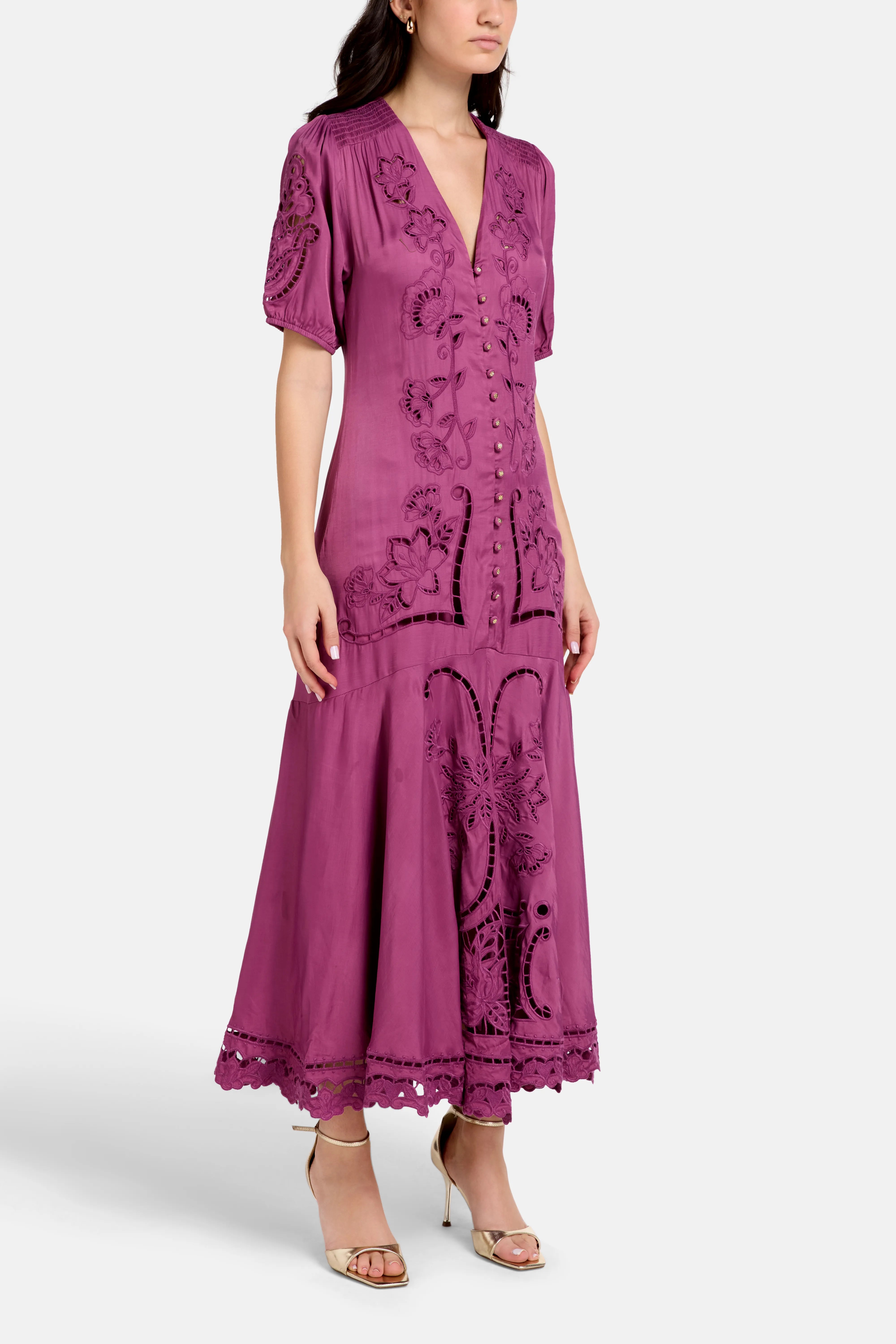 Richilieu V Neck Maxi Dress in Pink