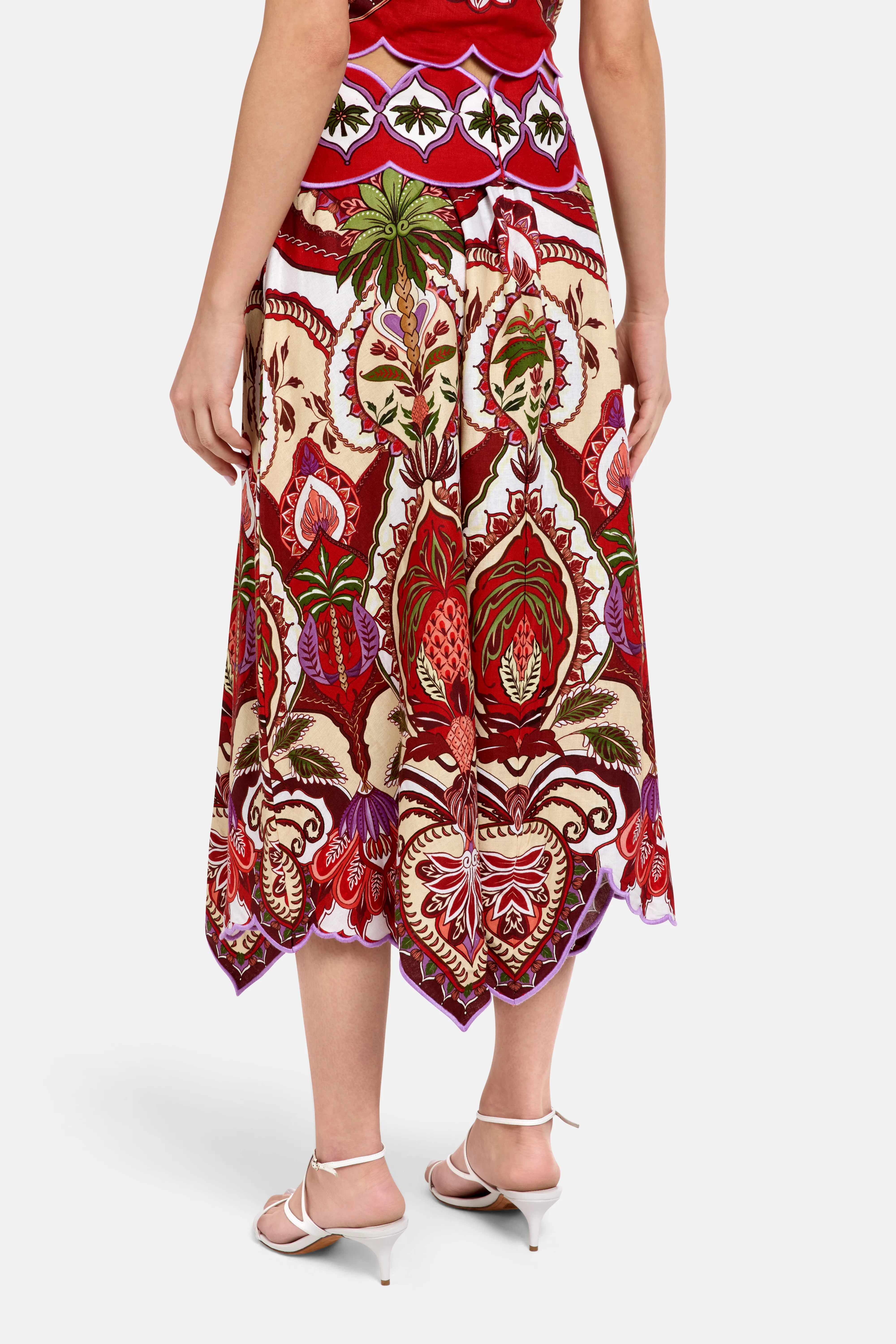 Odara Scallops Linen Midi Skirt in Red