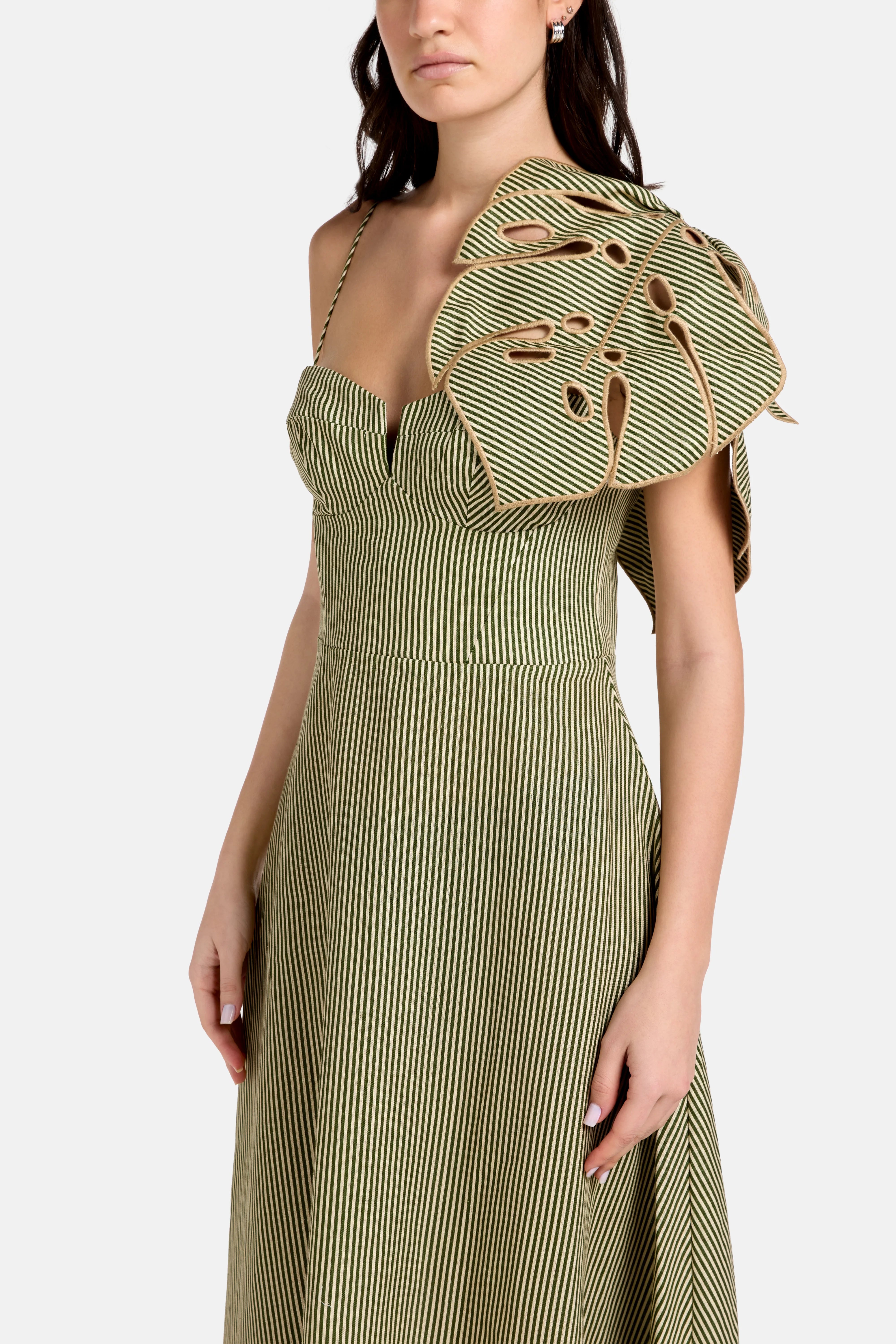 Striped Monstera Leaf Sleeveless Linen Midi Dress in Green